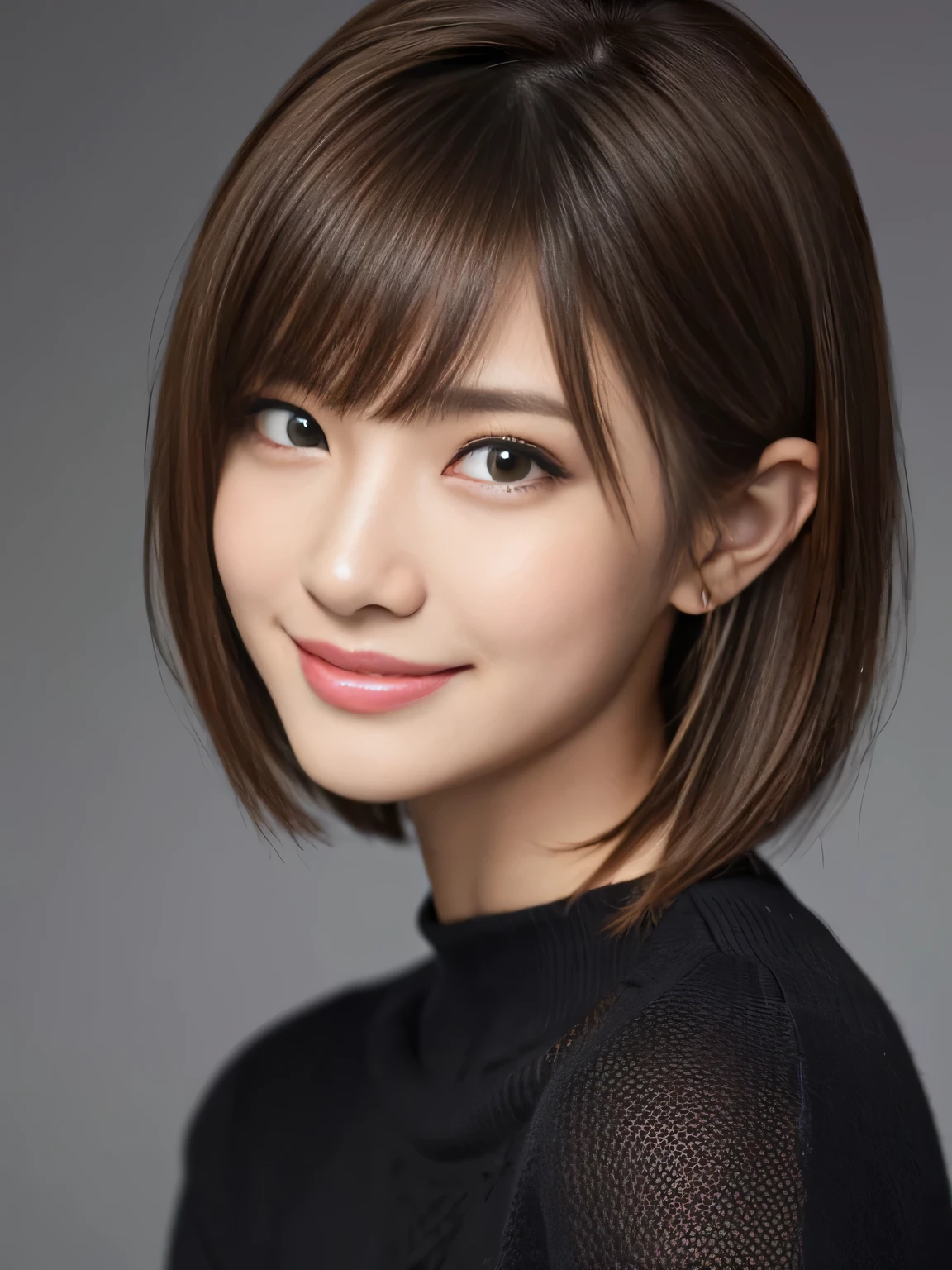 masterpiece, best quality, ultra-detailed, intricately detailed hyperdetailed, realistic, sharp features, highly detailed, sharp focus, Realistic, Photorealistic:1.3, (22 years old:1.3), perfect face, perfect symmetrically eyes, perfect full lips, hyper detailed, hyper realistic, high resolution, Fashion Model, Japanese Idol, Slender, brown hair, Stylish, model poses, Beautiful Face, light brown hair, short hair, asymmetrical bangs, (grin:1.2), (looking at viewer), cinematic lighting, grey background, (Black knit:1.2), portrait