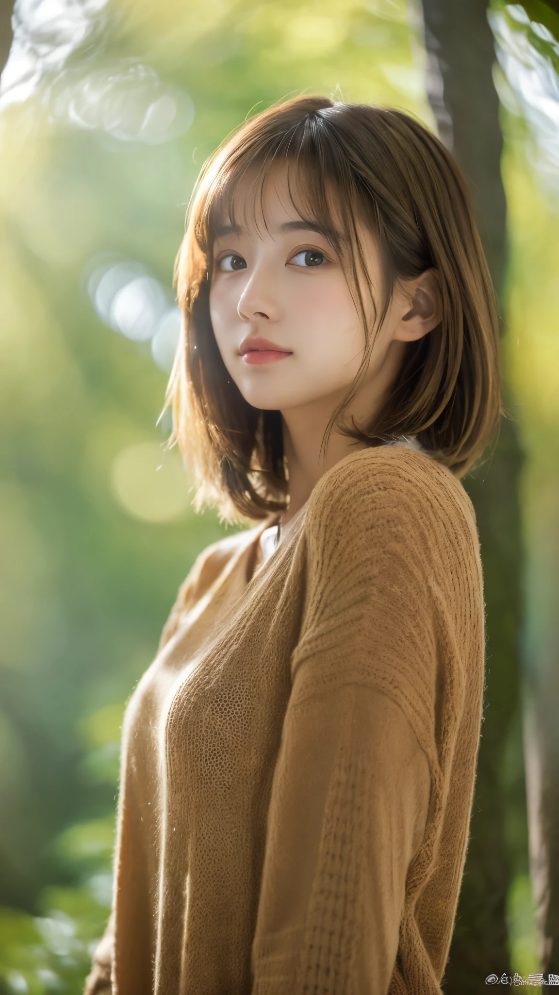 (8k, highest quality, masterpiece: 1.4), Super detailed, highest quality, Ultra-high resolution, Depth of written boundary,(Photorealistic:1.4,RAW shooting,)Ultra-Realistic Capture,(Very detailed,High definition 16K), cute, girl, Brown Hair (Sunlight filtering through the trees:1.4), Japanese, 16-year-old girl, Mr.々A pose, Wavy Hair, (face,front), (indoor:1.4), Sunlight streaming through the window, Face Up Shot, short hair