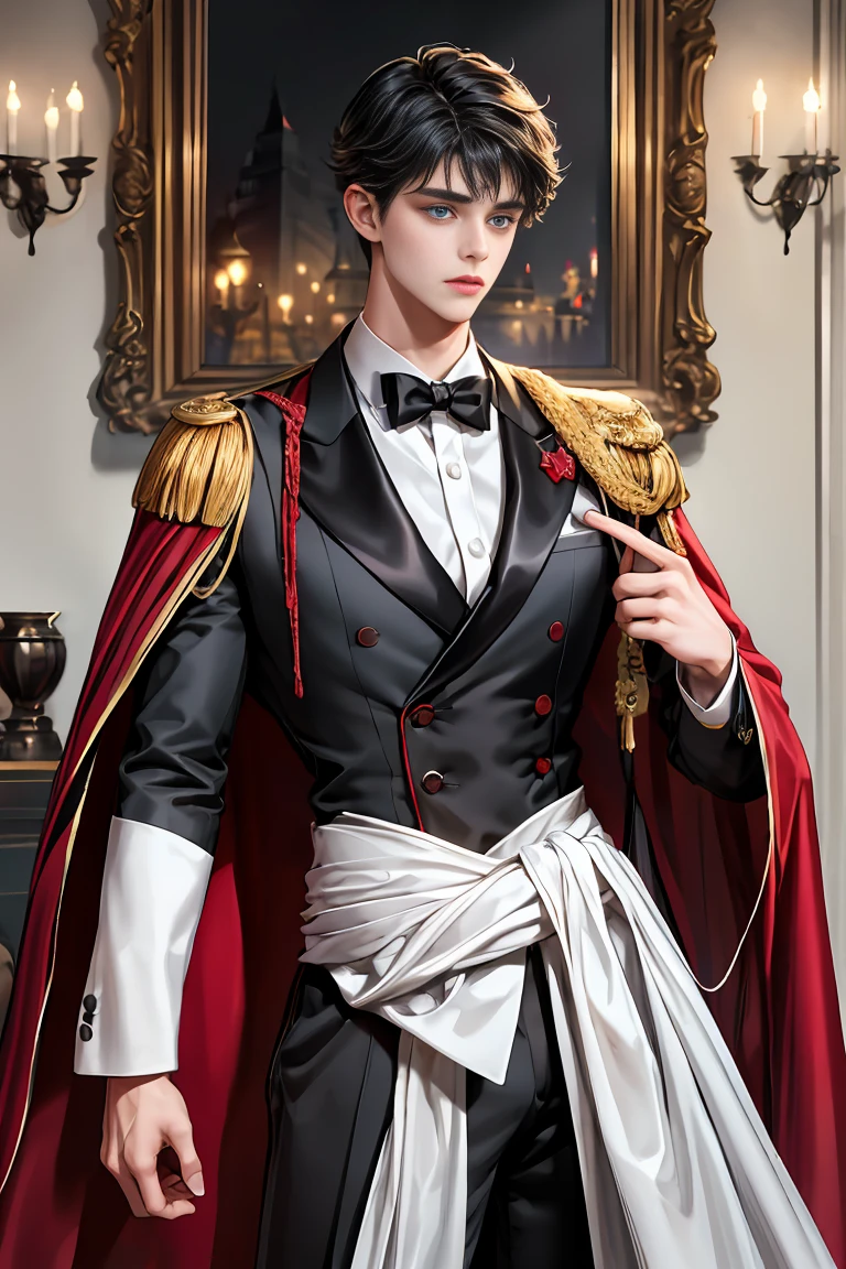 masterpiece, 最high quality, high quality, 1 boy, alone, Male focus, Watching the audience, Messy black hair, Adorable big blue eyes, White, Noble, Noble,A sexy, voluminous, puffy cape、tuxedo、A very voluminous, large, very large, very large, long, long red and black cape with a high stand-up collar, made of a lot of fabric that reaches down to the floor., 17 years old,Cute beautiful boys,Cute, cute, kind, handsome guy