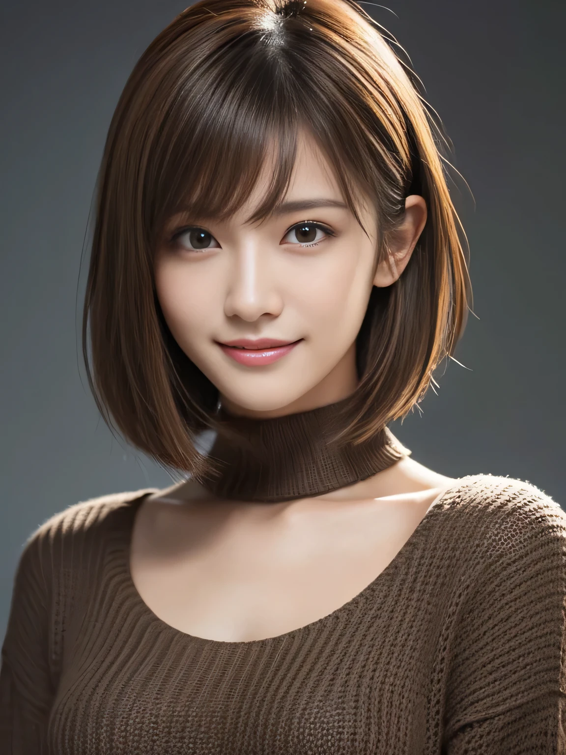 masterpiece, best quality, ultra-detailed, intricately detailed hyperdetailed, realistic, sharp features, highly detailed, sharp focus, Realistic, Photorealistic:1.3, (22 years old:1.3), perfect face, perfect symmetrically eyes, perfect full lips, hyper detailed, hyper realistic, high resolution, Fashion Model, Japanese Idol, Slender, brown hair, Stylish, model poses, Beautiful Face, light brown hair, short hair, asymmetrical bangs, (grin:1.2), (looking at viewer), cinematic lighting, grey background, (Black knit:1.2), portrait