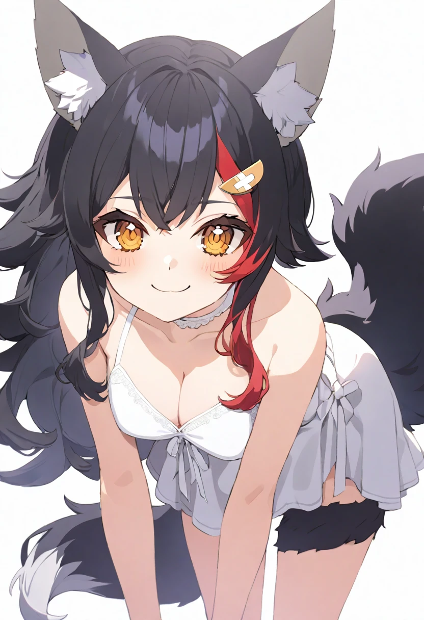 (muste piece), (best quality), (score_9, score_8_up, score_7_up), very detailed eyes, expressive eyes, perfect face, very detailed face, highly detailed face, beautiful girl, 8K, beautiful girl, white background, delicate and beautiful face and eyes, dark intense shadow,
1 girl, vtuber style, cool girl, hololive, Ookami Mio, black hair, wolf tail, wolf ears, tail wrap, tail around leg, white sundress, sleeveless dress, suspender dress, dress bow, bent over, hands behind, big chest, cleavage, cropped shoulders, clavicle, charm smile, blush, (full body), naked thighs, sandals, standing,
