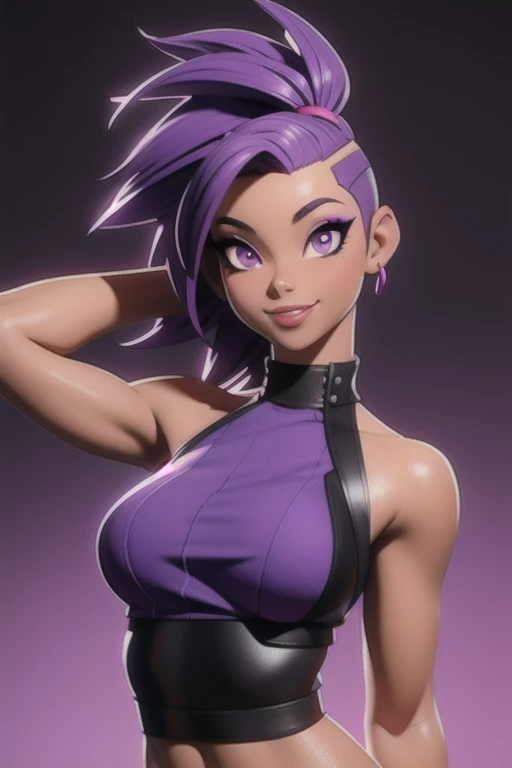 masterpiece, best quality,3d rending work ,3DMM style 3D,1african American girl, solo, realistic, (outside background), makeup, perfect lighting, seductive look, seductive smile, smile, yamanaka ino purple hair, Mohawk, purple eyes,  purple clothes, sleeveless, armpits, midriff, sexy tummy,  detailed skin, realistic skin texture, sweaty skin, skin pores, African American girl.