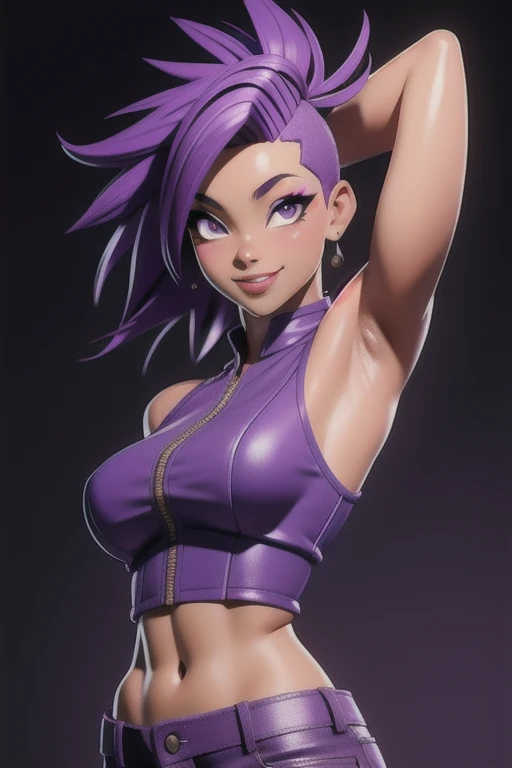 masterpiece, best quality,3d rending work ,3DMM style 3D,1african American girl, solo, realistic, (outside background), makeup, perfect lighting, seductive look, seductive smile, smile, yamanaka ino purple hair, Mohawk, purple eyes, purple clothes, sleeveless, armpits, midriff, sexy tummy, detailed skin, realistic skin texture, sweaty skin, skin pores, African American girl, with a electric guitar, outside.