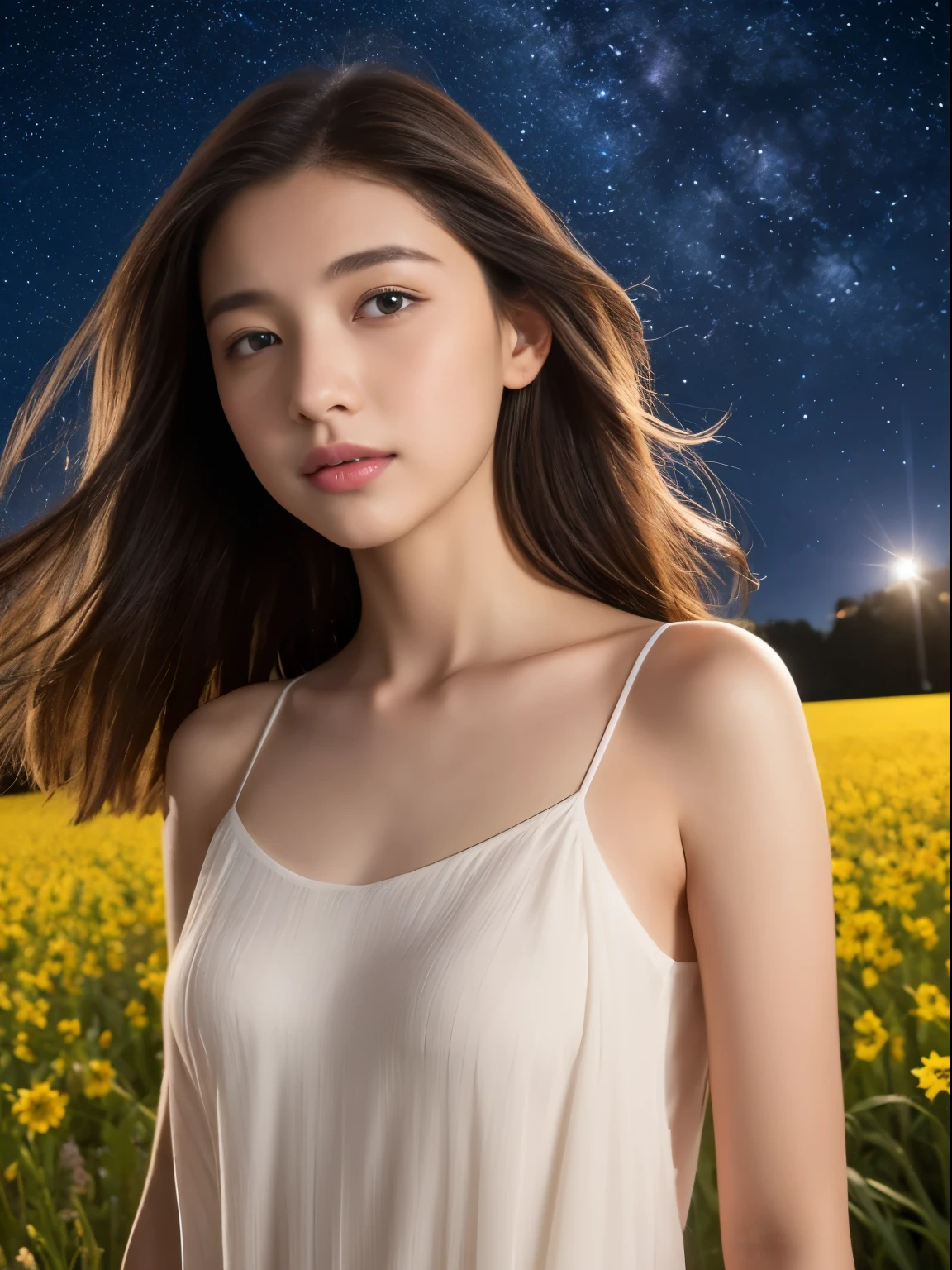 8k、Beautiful 12 year old girl、Hair length、Starry sky background、Beautiful face in every detail、White see-through camisole dress、Flower Field、night、Very strong winds