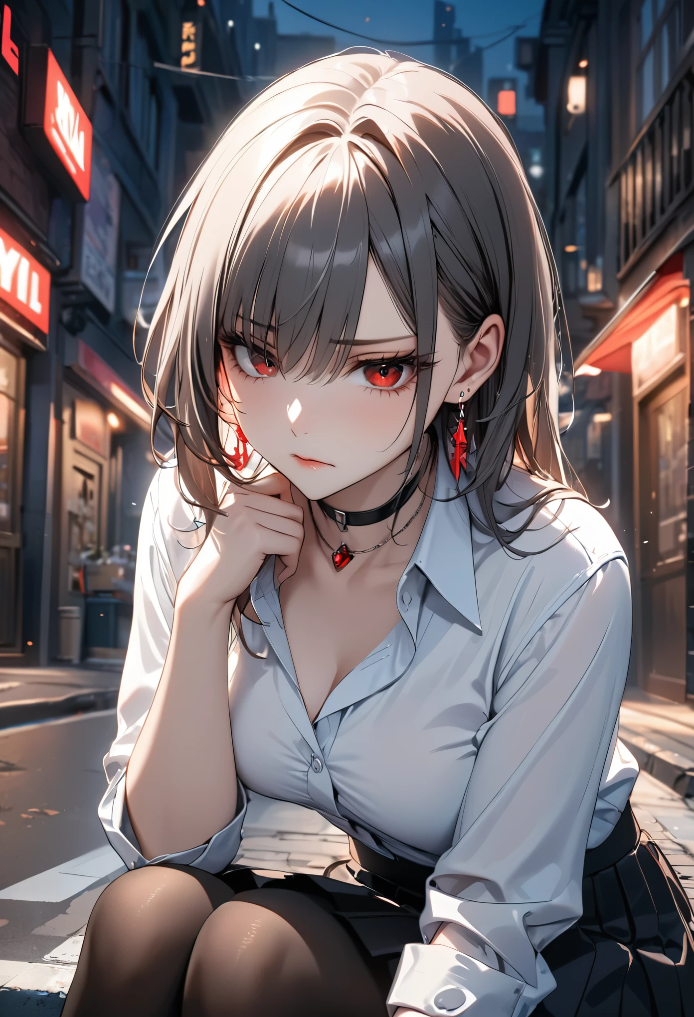 best quality, super_delicate, ultra detailed, beautiful, 8k , 1girl, red eyes, evil, looking down, street, sitting, business shirt, skirt, earrings, choker, black tights, nikke, night