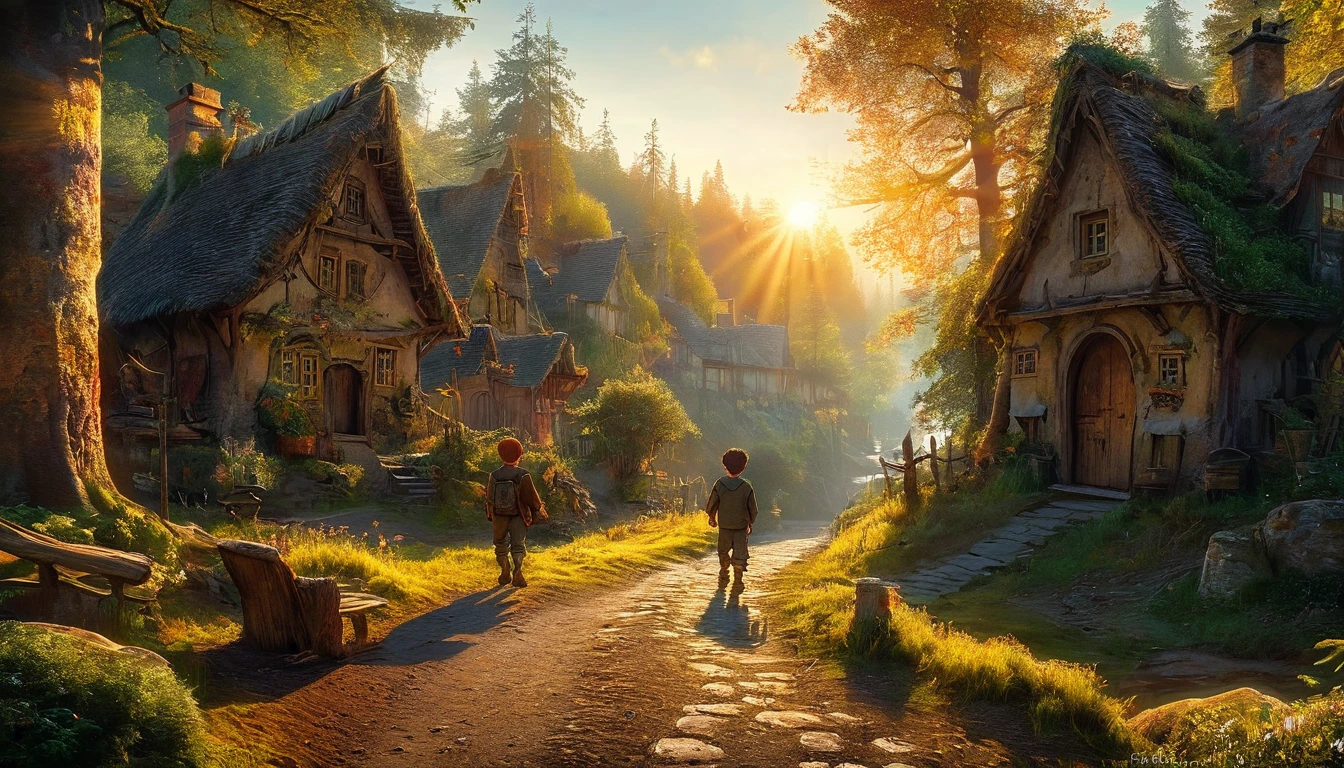 Setting: A small, picturesque village on the edge of an ancient forest.The sun rises over the quaint village of Evergreen, where young Oliver (a little young boy) lives with his mother. The villagers speak in hushed tones about the mysterious Enchanted Forest, warning children to stay away. Oliver, a curious and adventurous boy with a heart full of wonder, often dreams of exploring the forest.