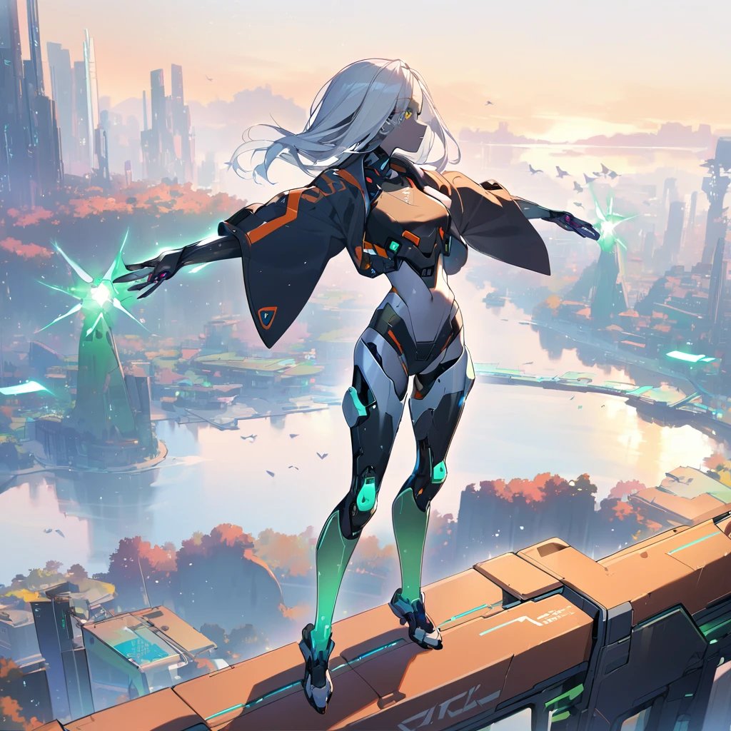 science fiction, android girl(metallic skin, cyber joint, Open your arms), bird viewing,
