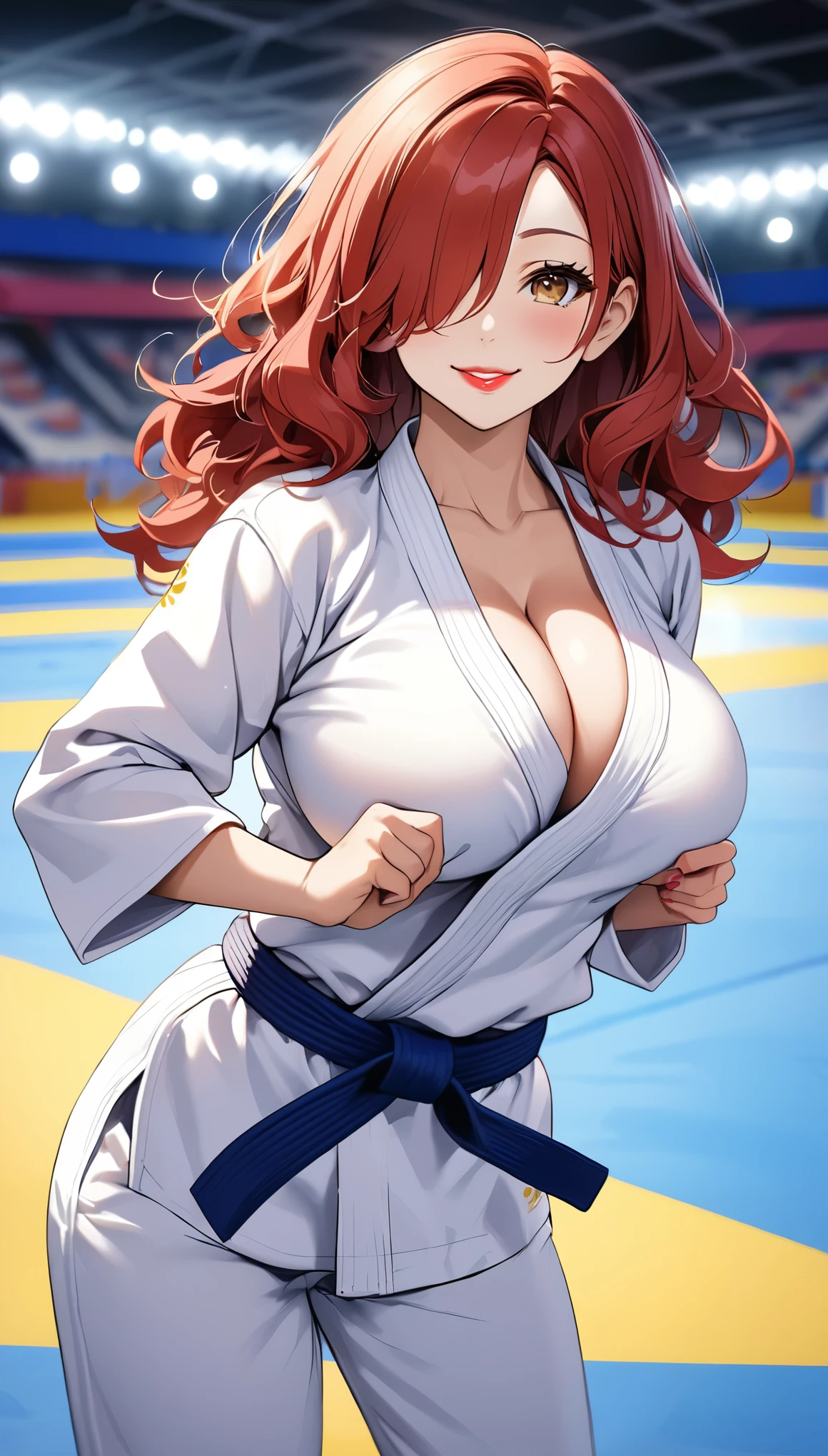 (((masterpiece))),(((High resolution)))、(((8K quality)))、(((Perfect Face)))、((Top quality eyes)), Attractive 40 year old woman, Very cute face、Anime Style、wavy hair, medium hair, ((hair over one eye)), red hair, small eyes, brown eyes, Beautiful Eyes、red and thick lips、Big Breasts、Cleavage, (Judo uniform), cowboy shot, dynamic angle, sexy pose, bewitching pose, Model Pose, smile, Arena with Judo hall at Olympic venue,