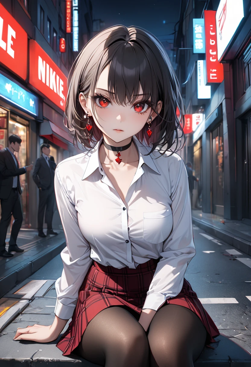 best quality, super_delicate, ultra detailed, beautiful, 8k , 1girl, red eyes, evil, looking viewer down, street, sitting, business shirt, skirt, earrings, choker, black tights, nikke, night