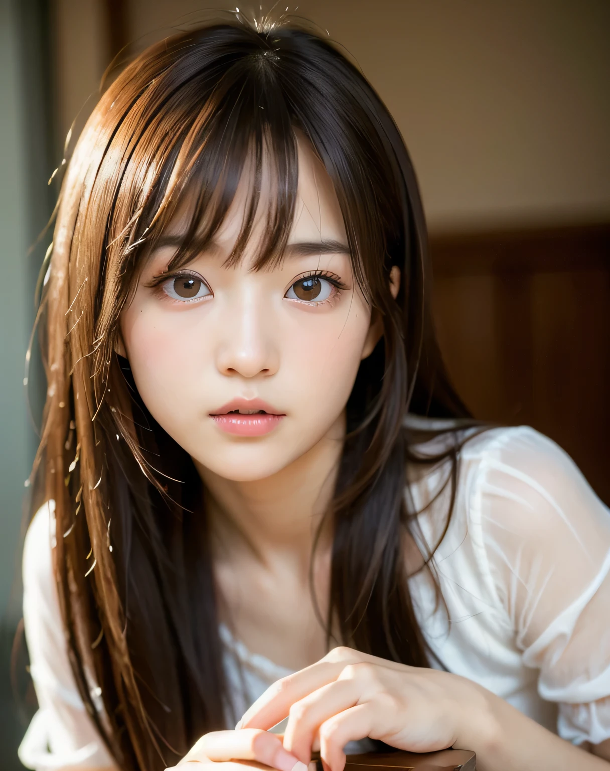 Highest quality, Face Focus, Soft Light, Ultra-high resolution, (Realistic:1.4), RAW Photos,
1 Japanese girl, alone, cute, (pupil, Light in your eyes), Beautiful face in every detail, (Small box),(High resolution detail of human skin texture),
(Long Hair),
indoor,
Damask Shirt Dress,
(Portraiture)