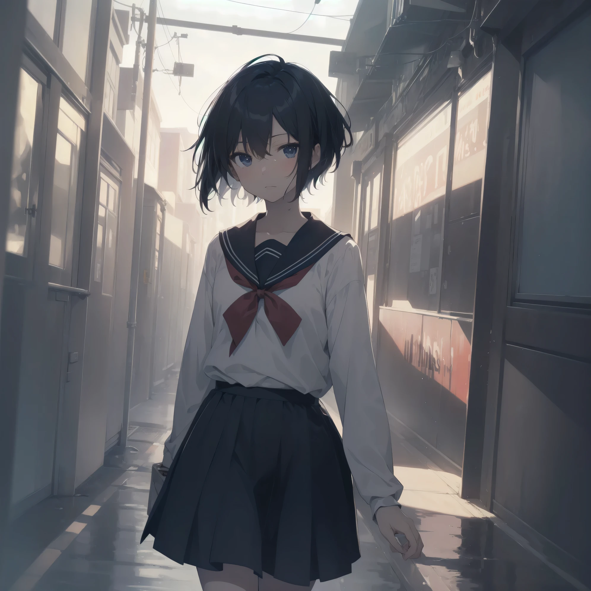 ultra-absurdres-Top quality by artist God, ultra-detailed, high resolution, anime moe artstyle, best anime 8k konachan wallpaper, pixiv contest winner, pool:2810, perfect anatomy,break, 1girl, (Please draw a girl walking sleepily to school alone. )break,(Solo,little female, 13-year-old:1.3),Full limbs, complete fingers,a junior high school student, (very short hair), short cut, flat chest, , small butt, small black eyes, beautiful detailed eyes, well-proportioned iris and pupils, expressive eyes, highres detailed hair, soft expression, salor school_uniform, sailor collar, serahuku, bow, pleated skirt,(Detailed Lighting), (Detailed background), in the School commute route. break,super detailed skin, Best cinematic lighting powered by famous artist, 8k,beauty illustration,photoshop_(medium),very aesthetic,break,((artist:haruhisky )), artist:clamp ,artist:carnelian ,artist:kantoku ,