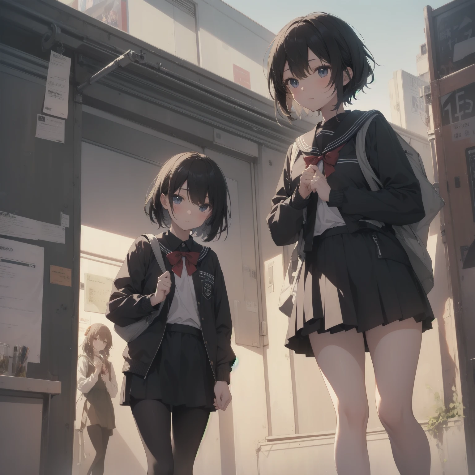ultra-absurdres-Top quality by artist God, ultra-detailed, high resolution, anime moe artstyle, best anime 8k konachan wallpaper, pixiv contest winner, pool:2810, perfect anatomy,break, 1girl, (Please draw a girl walking sleepily to school alone. )break,(Solo,little female, 13-year-old:1.3),Full limbs, complete fingers,a junior high school student, (very short hair), short cut, flat chest, , small butt, small black eyes, beautiful detailed eyes, well-proportioned iris and pupils, expressive eyes, highres detailed hair, soft expression, salor school_uniform, sailor collar, serahuku, bow, pleated skirt,(Detailed Lighting), (Detailed background), in the School commute route. break,super detailed skin, Best cinematic lighting powered by famous artist, 8k,beauty illustration,photoshop_(medium),very aesthetic,break,((artist:haruhisky )), artist:clamp ,artist:carnelian ,artist:kantoku ,
