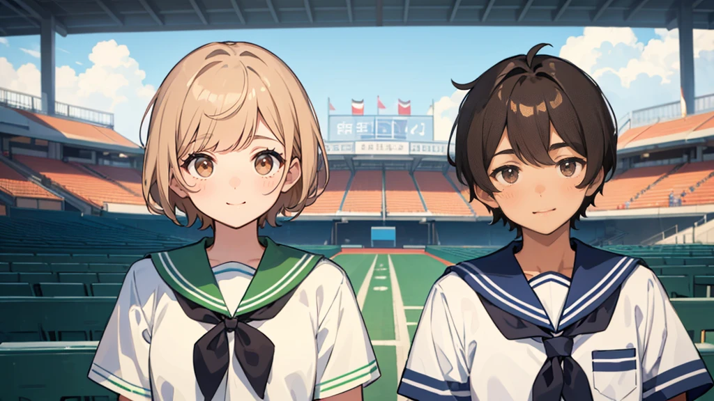 The background is the seats at an outdoor baseball stadium in midsummer.、Upper body of a couple wearing summer sailor uniforms2shot。The first person is a woman, , short, cute, with light brown hair and straight bangs.。The second man is tall and handsome with very short black hair.。Both of them are smiling and making cute faces.。There is a height difference between the two, the man is taller.