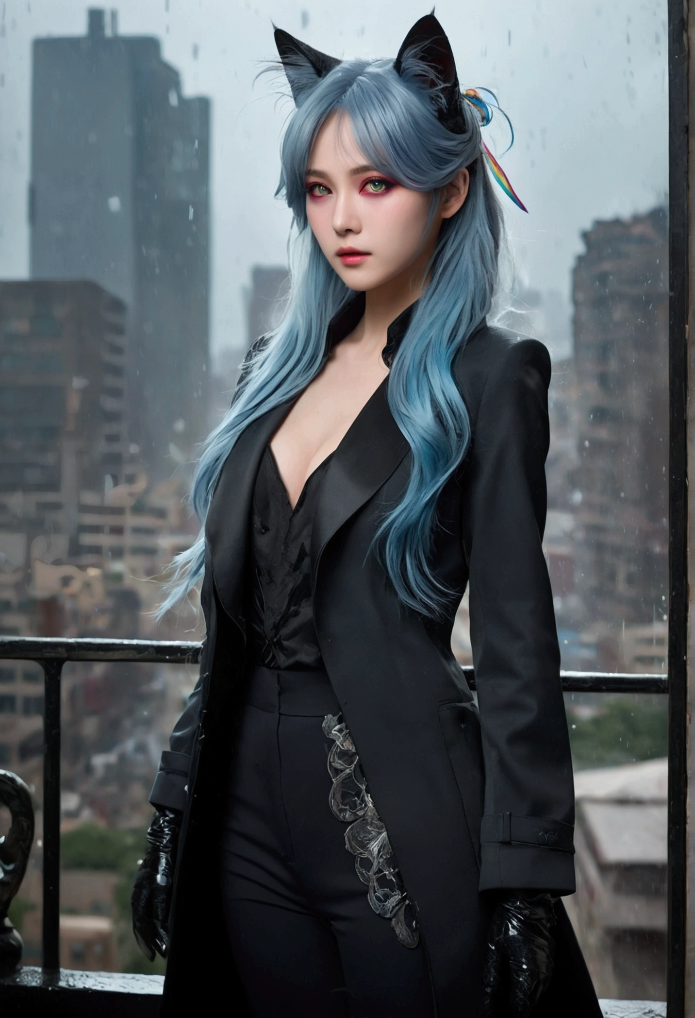 ((masterpiece)), (((Highest quality))), (ultra-detailed:1.5), ((figure)), ((Disheveled Hair)),(One girl),alone,Gender unclear,Animal ears,artist name,Black footwear,black gloves ,black pants,black ribbon,Blood,Blood from eyes,Blood from mouth,Blood on clothes,Bloodonface,blue coat,Blue Hair,boots,building,Bulletproof vest,Cat ear,cattail,Caution Tape,A broken building,Character Name,city,cityscape,cloud,cloudy null,coat,cadaver,crane (mechanical),crystallization,cut,eyelash,gloves,Green Eyes,grey coat,Food,Food down,Food up,Fooded coat,pierced,Injury,Off-limits,ladder,leg ribbon,lightning,Long Hair,look up,mask, meteor,Open clothes,open coat,Outdoor,pants,Lips parted,handrail,rain,ribbon,rooftop,Side Lock,null,nullscraper, tail,very Long Hair,(Heavy rains),Negative Prompt,smooth reflection, (reflection of mirror), (Delicate and elegant features:1.5),Remaining Xuanxian Duanbi,Dark Tone,(Iridescence and rainbow eyes),Backlight