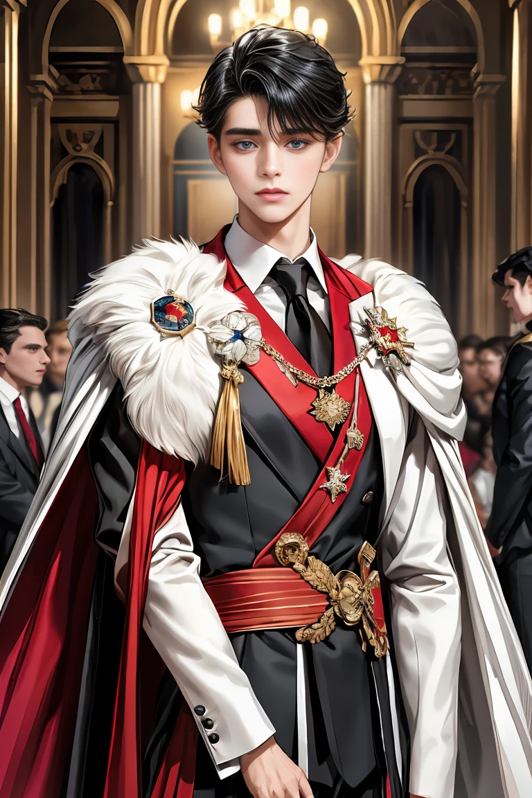 
masterpiece, 最high quality, high quality, 1 boy, alone, Male focus, Watching the audience,  Messy black hair, Adorable big blue eyes, White, Noble, Noble,A sexy, voluminous, puffy cape、tuxedo、A very voluminous, large, very large, very large, long, long red and black cape with a high stand-up collar, made of a lot of fabric that reaches down to the floor., 17 years old,Cute beautiful boys,Cute, cute, kind, handsome guy