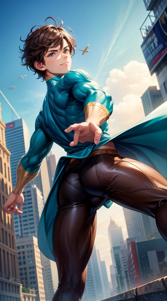 Young man, medium brown hair, Cyan eyes, brawn, superhero costume, ssmile, flying through a city, Masterpiece, hiquality