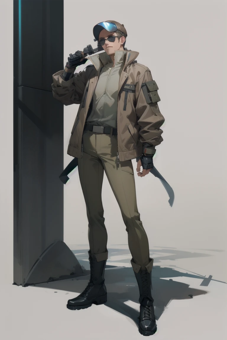 ((Highest quality)), ((masterpiece)), (Familiar), whole body,One man,cyber punk,military,Brown jacket,Khaki pants,boots,Sunglasses visor,White Blade,Gunman