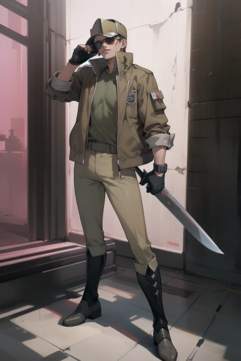 ((Highest quality)), ((masterpiece)), (Familiar), whole body,One man,cyber punk,military,Brown jacket,Khaki pants,boots,Sunglasses visor,White Blade,Gunman