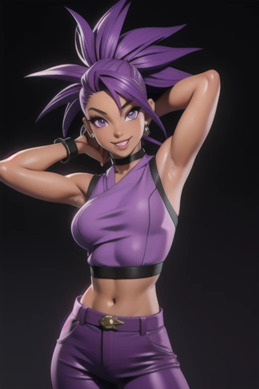 masterpiece, best quality,3d rending work ,3DMM style 3D,1african American girl, solo, realistic, (outside background), makeup, perfect lighting, seductive look, seductive smile, smile, yamanaka ino purple hair, Mohawk, purple eyes,  purple clothes, sleeveless, armpits, midriff, sexy tummy,  detailed skin, realistic skin texture, sweaty skin, skin pores, African American girl.