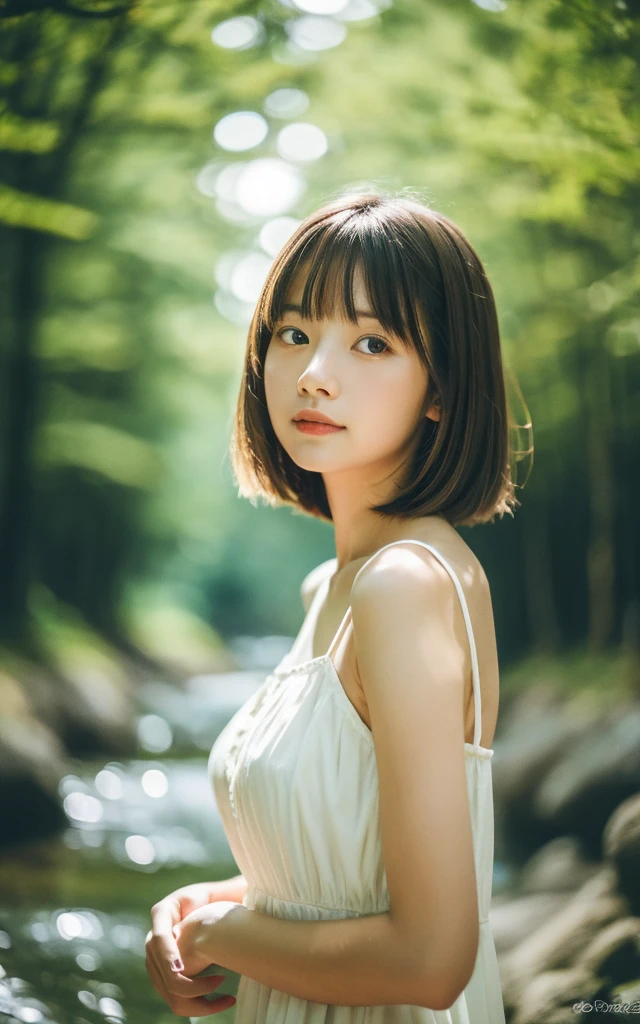 masterpiece, Best Quality, 8K, 1 girl, Japanese cute  girl, in summer, forest, stream, out of focus, 18 yo, large breasts, Mouth slightly open, cute little, Solo, sad, sad, summer dress, Girly, Delicate girl, Neat and clean beauty, Raw photo, Professional Photography, Portrait, Soft light, Professional Lighting, Back lighting, Upper body, see the beholder, Sophisticated, Film grain, (Eyes and faces with detailed:1.0), short hair swaying in the wind, beautiful flowing brown hair,