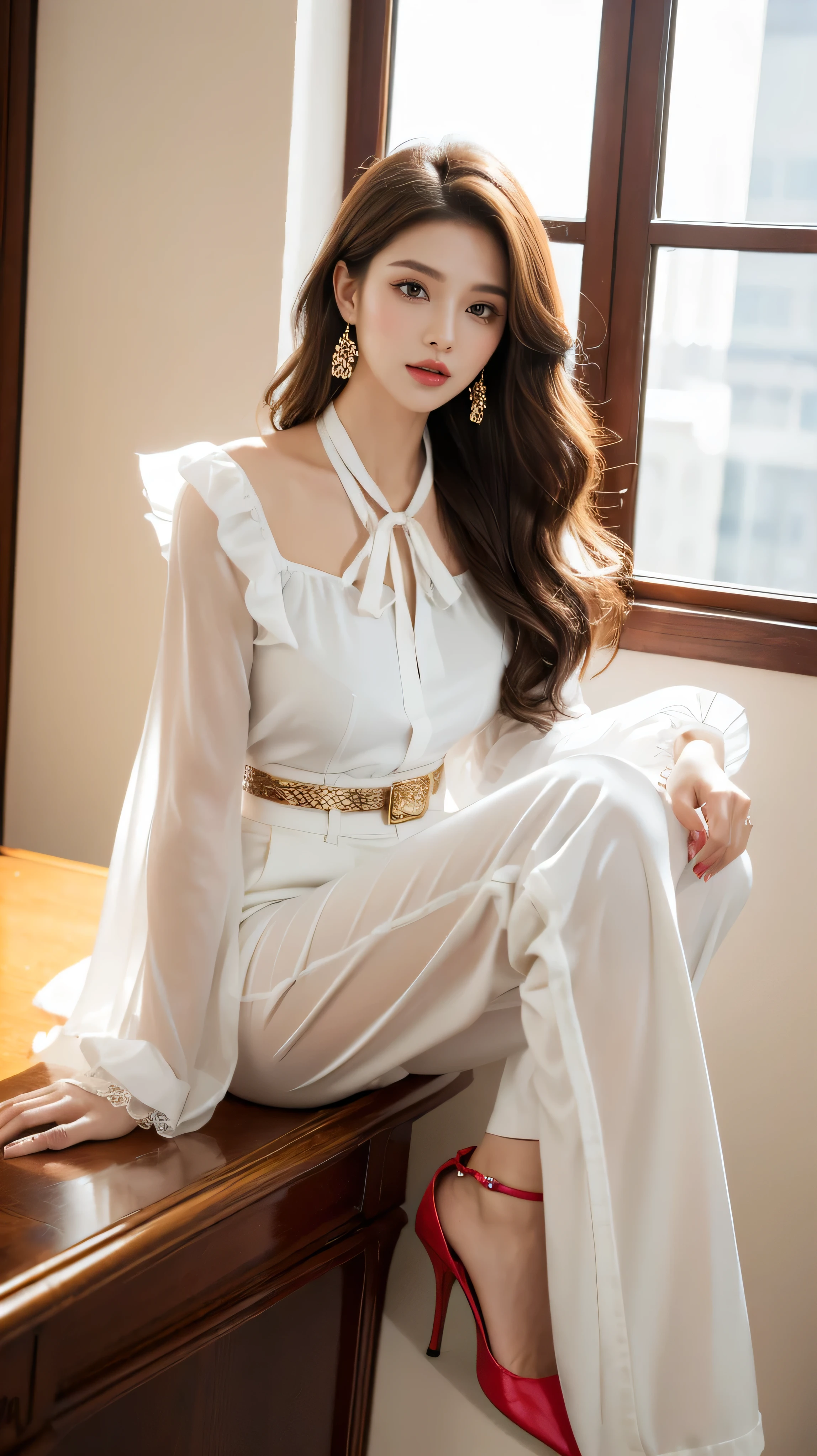 Highest quality,masterpiece,Ultra-high resolution,(Actual:1.4),Original photo,Ultra-high resolution,8k,There are women,Fair skin,Exquisite makeup,High heels,Long legs,Bright and beautiful woman、gold necklace_Large earrings、Super long brown hair,Hair with loose waves inside,reaching down to the waist,wearing frilled white shirt_long see-through sleeves with big ribbon tie ,white pants,red heels