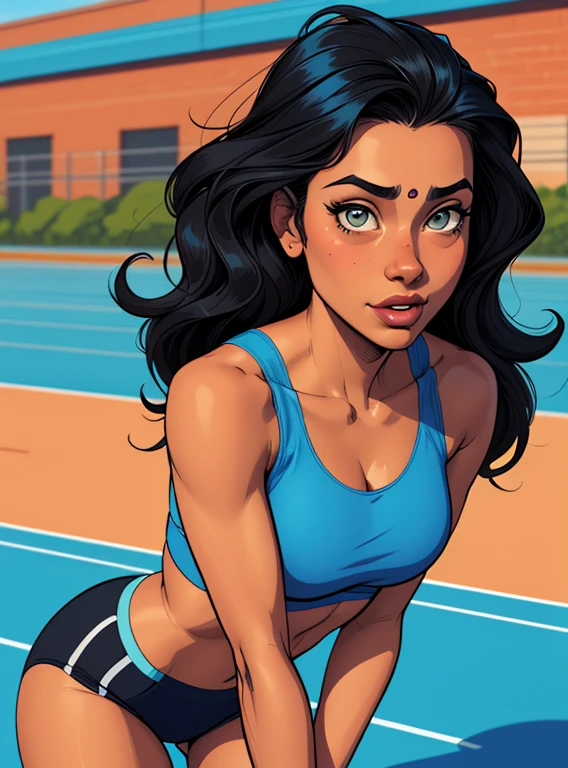 (cartoon style:1.2), Cartoon image of a 20 years old Indian girl, long black hair, hazel eyes, wavy hair, tan skin, Super cute girl, Cartoon style illustration, Cartoon Art Style, Cartoon Art Style, Digital illustration style, Highly detailed character design, cute detailed digital art, Wearing a blue track outfit, dressed in blue sports bra and bottoms, Portrait Character Design, beautiful digital illustration, high quality portrait, Comic art, Character Design Portrait, athletics track background
