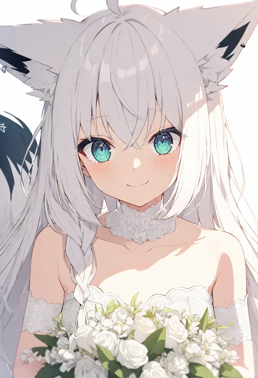 (muste piece), (best quality), (score_9, score_8_up, score_7_up), very detailed eyes, expressive eyes, perfect face, very detailed face, highly detailed face, beautiful girl, 8K, beautiful girl, white background, delicate and beautiful face and eyes, dark intense shadow, 1 girl, vtuber style, cool girl, hololive, vtuber,  Shirakami Fubuki, white hair, single side braid, ahoge, piercing, fox tail, fox ears, see-through:Wedding dress, sleeveless dress, white Long glove, holding wedding bouquet, big chest, clavicle, happy smlie, (upper body), 