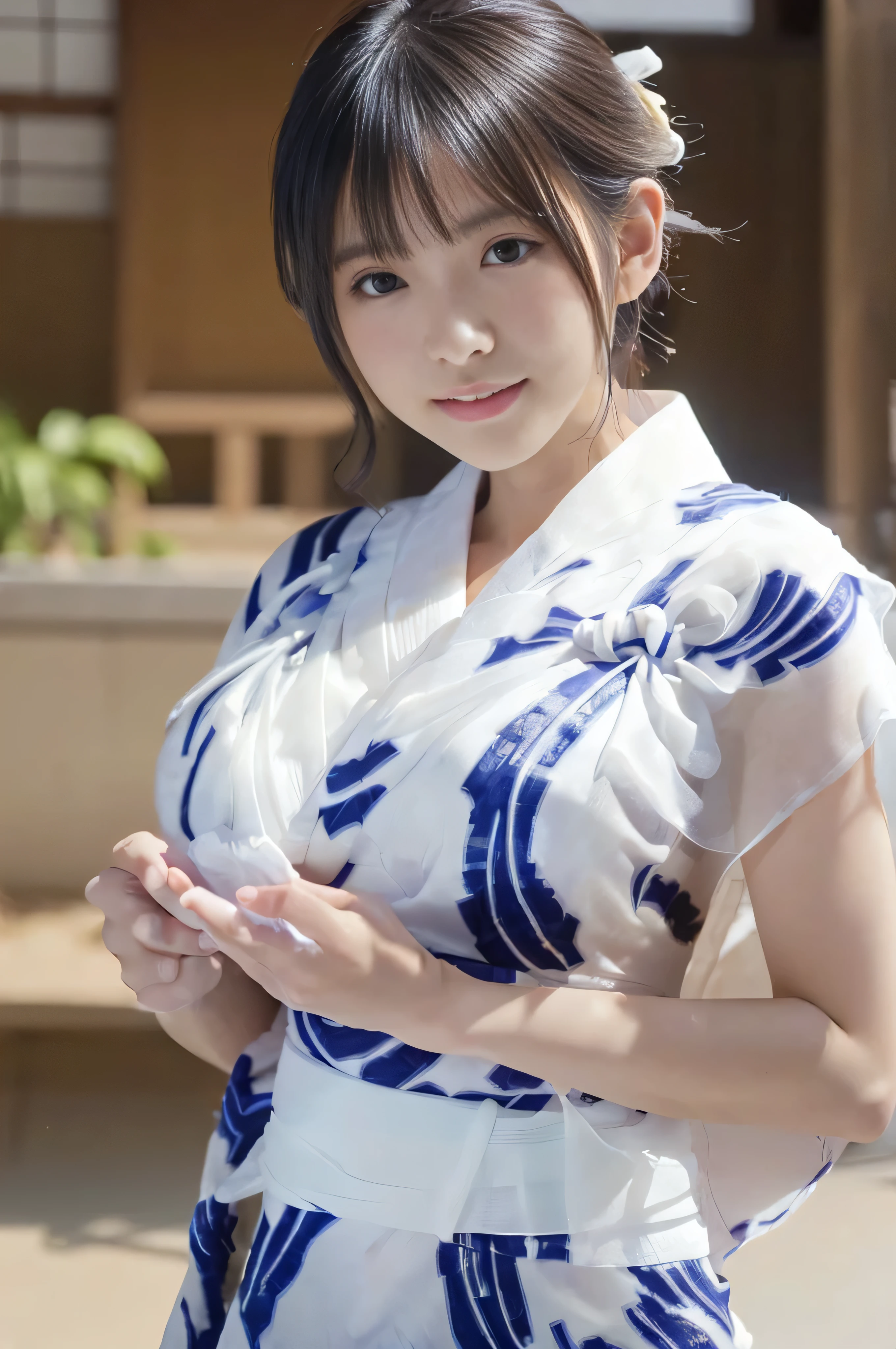 (((A white yukata made of thin fabric:1.4)))、(((Simple obi:1.4))), (())、Random Pause、(Highest quality,masterpiece:1.3,Ultra-high resolution,),(Very detailedな,Caustics),(Photorealistic:1.4,RAW shooting,)Ultra-Realistic Capture,Very detailed,High resolution 16K human skin closeup、 Natural skin texture、、Skin tone is even and healthy looking、 Use natural light and colour,1 girl,Japanese,cute,Black-haired,Medium Straight Hair, (((Huge bust:1.4))), smile,,(Written boundary depth、chromatic aberration、、Wide range of lighting、Natural Shading、)、(Kimono with open front),