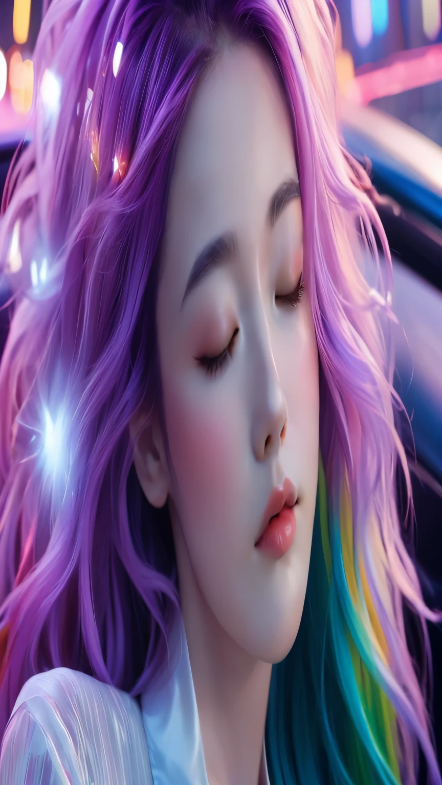 {{masterpiece}}, best quality, Highly detailed CG integrated 8k wallpaper, movie lights,minimalist style, A woman was sleeping in a luxury car,close your eyes and sleep,car window behind, quiet night. , multicolored hair, (colorful hair:1.5),