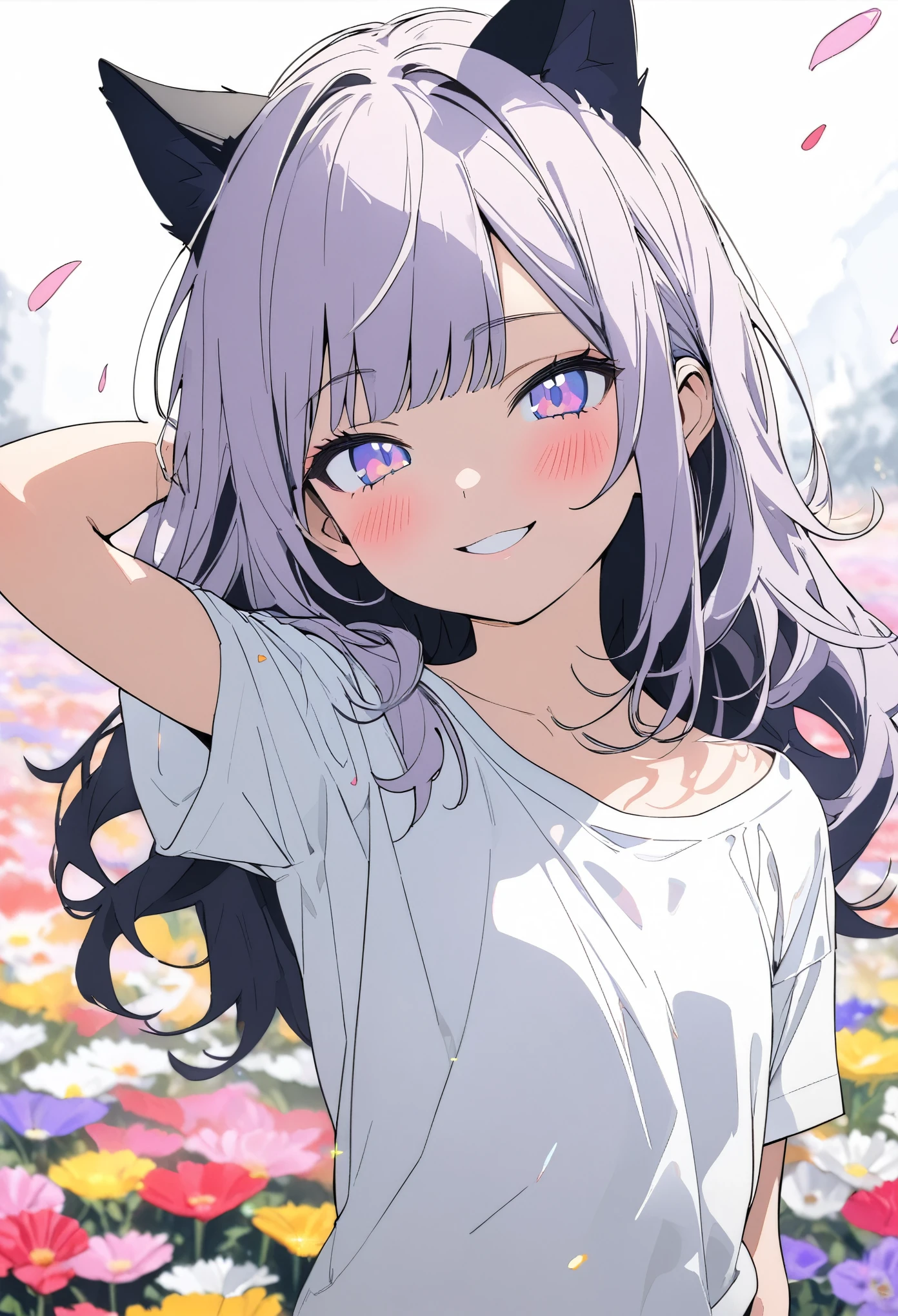 ((Masterpiece)), ((best quality)), (flat color), (flat shading), (super detail:1.2), (High Definition:1.3), ((extremely detailed)), (8K), (Professional Photography:1.2), (very aesthetic:1.2), (absurdres:1.2), (sharp focus), (perfect light), ((12 years old)), (1girl), cute young girl, Textured skin, loose blunt bangs, (messy medium hair), (naughty smile and blush), glitter eyes, cute makeup, Beautiful photo, (Healthy body), (Slender body), arm up, (small chest), cat ears, pale purple hair, ((Very loose chested T-shirt)), thin T-shirt, (Beautiful colorful flower fields), petals,