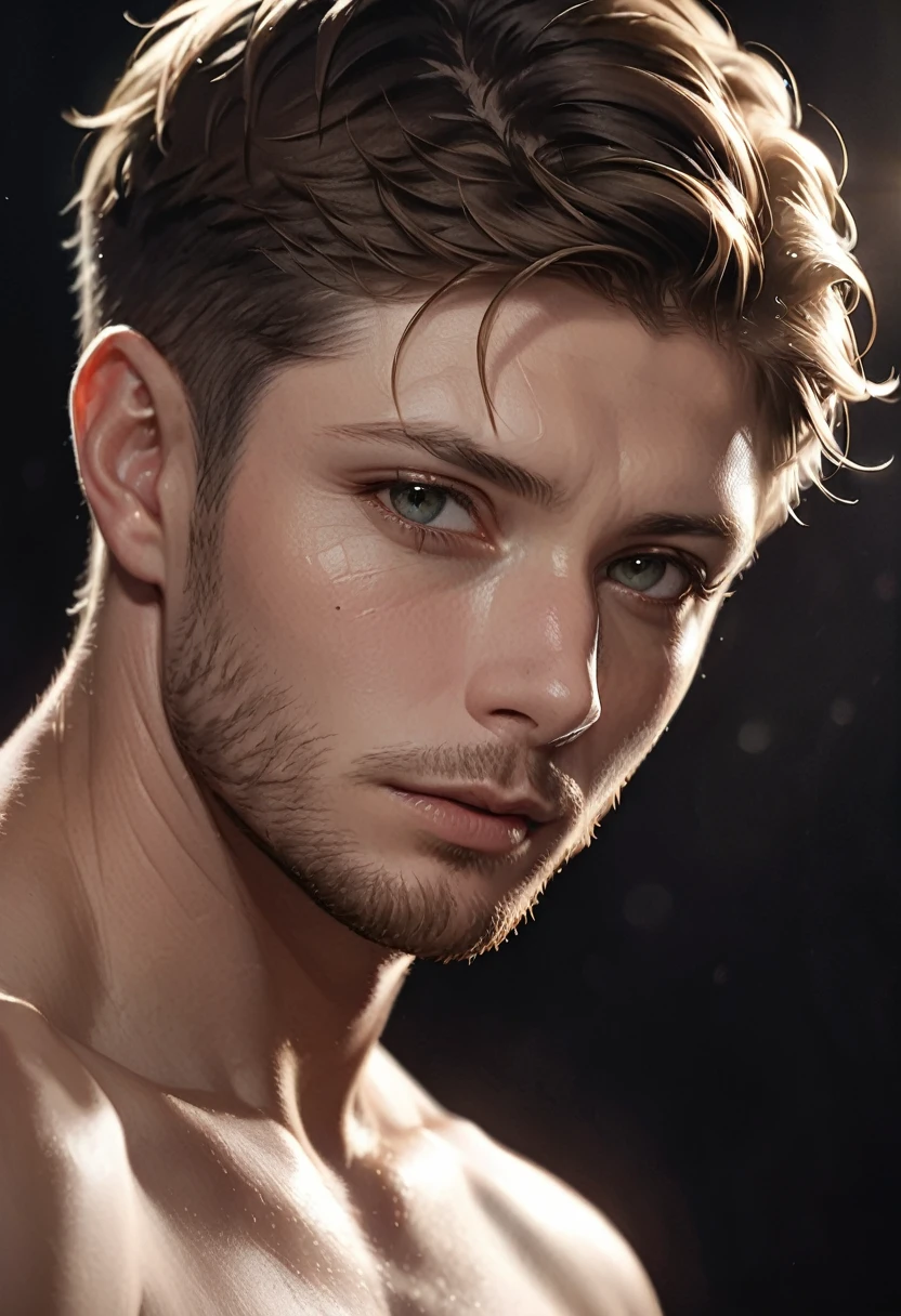 Beautiful detailed photo of a guy,Jensene Ackles,face,topless,looking at the camera,with dramatic lighting,black background,extremely detailed,cinematic composition,masterpiece,high quality,realistic art style,4k