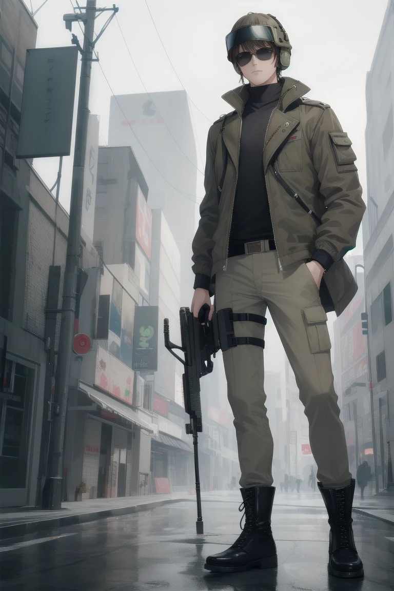 ((Highest quality)), ((masterpiece)), (Familiar), whole body,One man,cyber punk,military,Brown jacket,Khaki pants,boots,Sunglasses visor,White Blade,Gunman