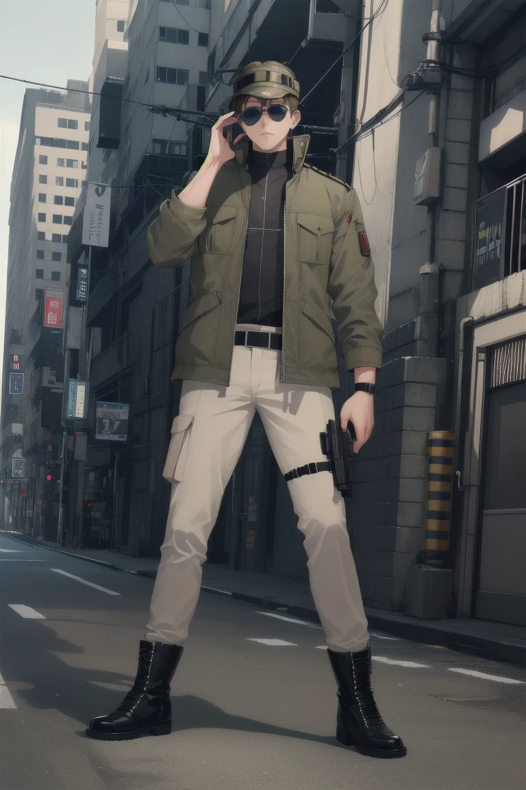 ((Highest quality)), ((masterpiece)), (Familiar), whole body,One man,cyber punk,military,Brown jacket,Khaki pants,boots,Sunglasses visor,White Blade,Gunman