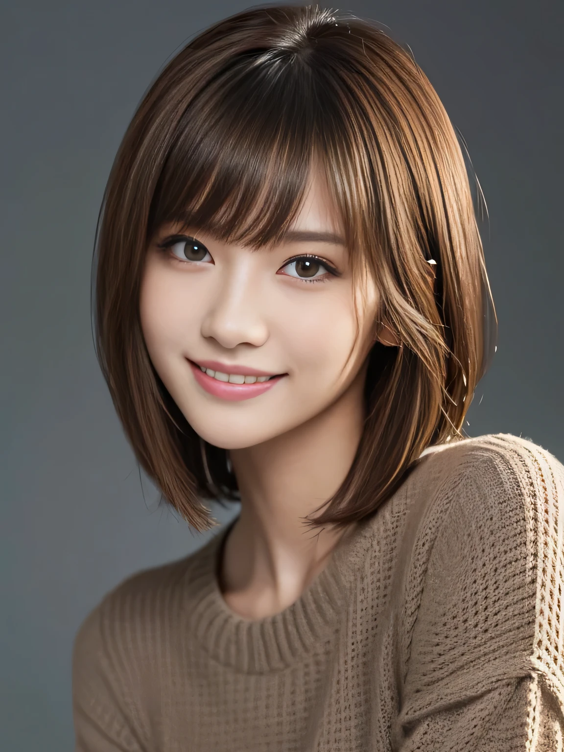 masterpiece, best quality, ultra-detailed, intricately detailed hyperdetailed, realistic, sharp features, highly detailed, sharp focus, Realistic, Photorealistic:1.3, (22 years old:1.3), perfect face, perfect symmetrically eyes, perfect full lips, hyper detailed, hyper realistic, high resolution, Fashion Model, Japanese Idol, Slender, brown hair, Stylish, model poses, Beautiful Face, light brown hair, short hair, asymmetrical bangs, (grin:1.2), (looking at viewer), cinematic lighting, grey background, (Black knit:1.2), portrait
