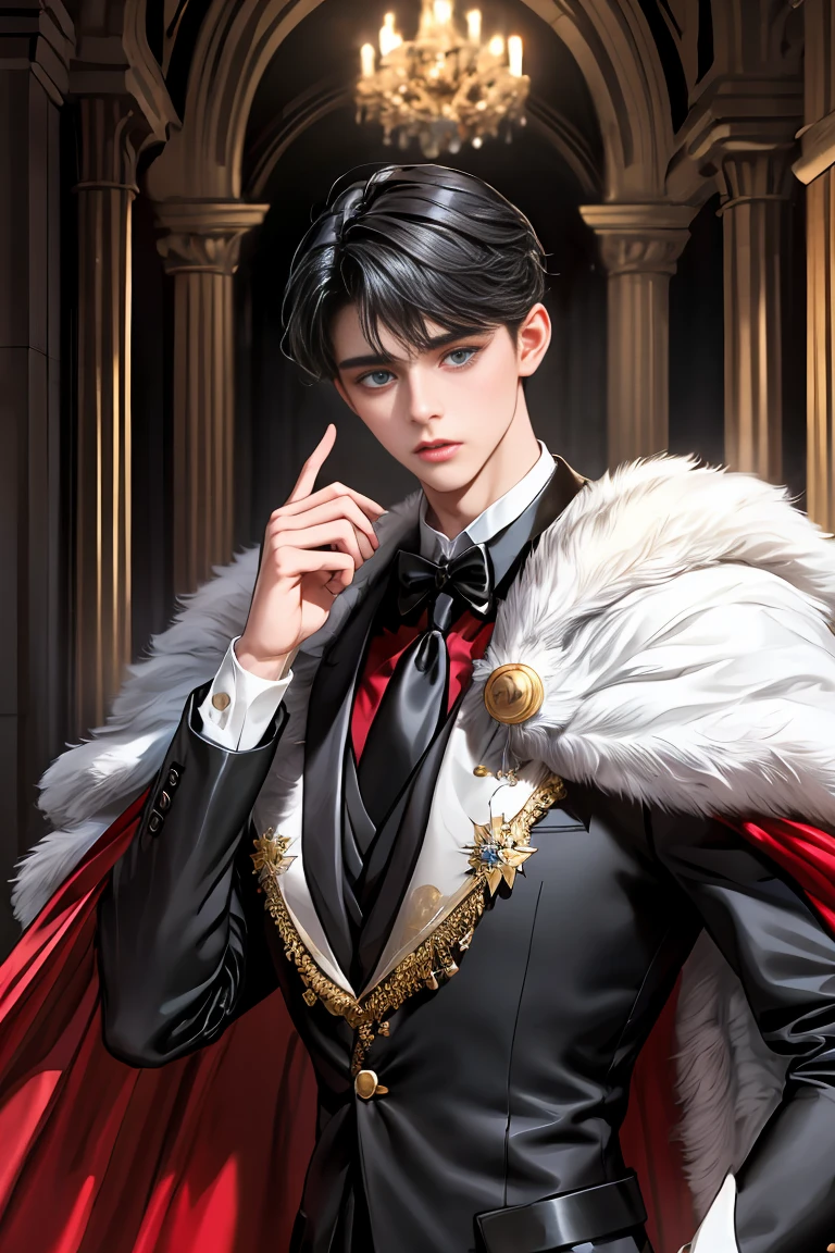 masterpiece, 最high quality, high quality, 1 boy, alone, Male focus, Watching the audience, Messy black hair, Adorable big blue eyes, White, Noble, Noble,A sexy, voluminous, puffy cape、tuxedo、A very voluminous, large, very large, very large, long, long red and black cape with a high stand-up collar, made of a lot of fabric that reaches down to the floor., 17 years old,Cute beautiful boys,Cute, cute, kind, handsome guy