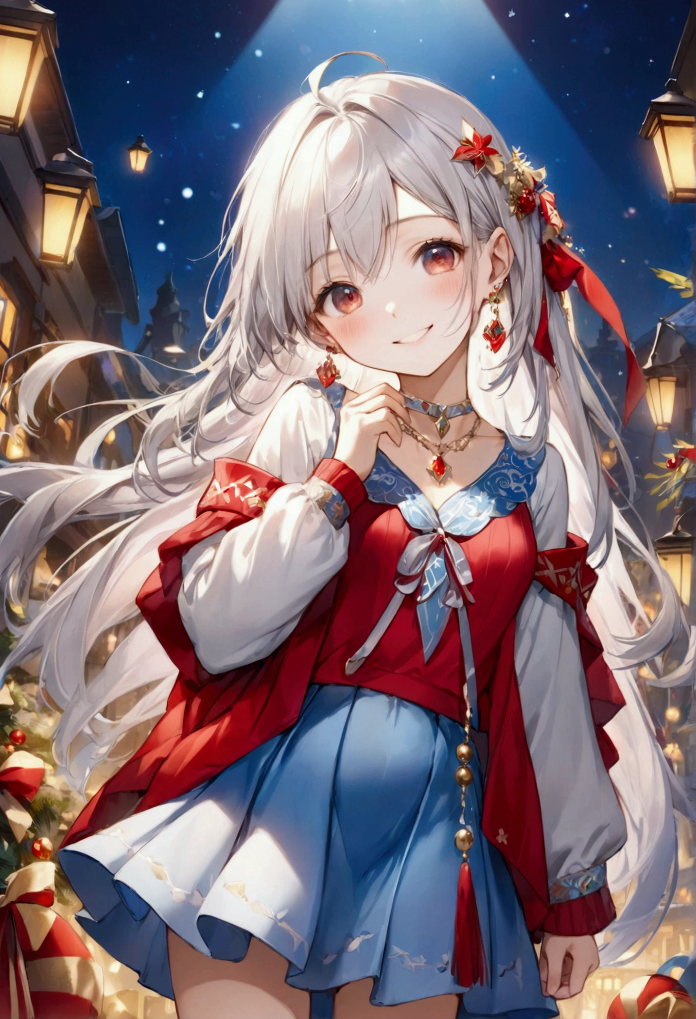 (Highest quality, 8k, 32K, masterpiece, Ultra-high resolution,:1.2),to be born, One Girl,So cute , Festive fantasy background, clear, Shining Eyes, Age 25 ,Fair skin, Silver Haired Girl, Fantasy Clothing, Long Hair, 無邪気なsmile,  night, Earrings, necklace, mini skirt, Drinking alcohol, Drunk, Red cheeks, smile, 