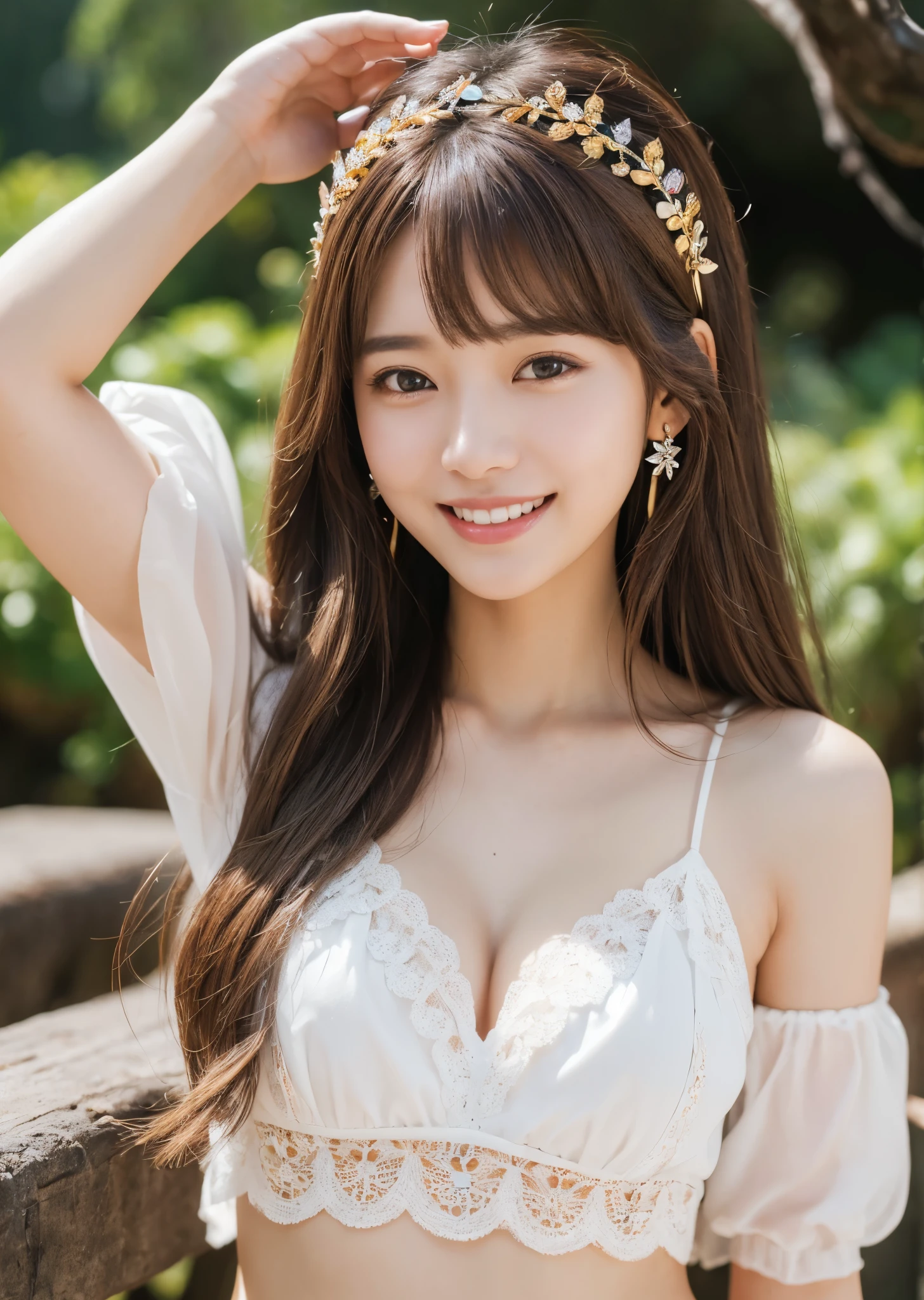 Eat pancakes,Flat Chest、(Slim body)、((Slim body))、Long Hair,bangs,,masterpiece,diamond、Earrings,background of fantasy,(((Brown Hair)))、 hair ornaments,Headband,(Brown Hair), White tank top、Waimea Canyon、There is a rainbow in the sky、Hawaii、 Highest quality, High resolution, unity 8k wallpaper, (shape:0.8), (Beautiful details:1.6), Highly detailed face, Sing happily、looking at the camera、laugh、smile、whole body、