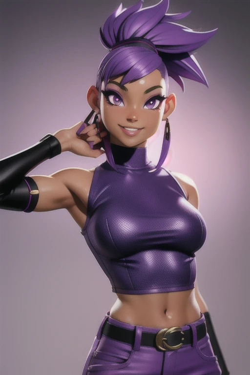 masterpiece, best quality,3d rending work ,3DMM style 3D,1african American girl, solo, realistic, (outside background), makeup, perfect lighting, seductive look, seductive smile, smile, yamanaka ino purple hair, Mohawk, purple eyes,  purple clothes, sleeveless, armpits, midriff, sexy tummy,  detailed skin, realistic skin texture, sweaty skin, skin pores, African American girl.