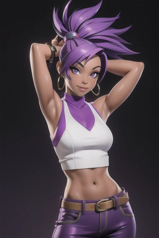 masterpiece, best quality,3d rending work ,3DMM style 3D,1african American girl, solo, realistic, (outside background), makeup, perfect lighting, seductive look, seductive smile, smile, yamanaka ino purple hair, Mohawk, purple eyes, purple clothes, sleeveless, armpits, midriff, sexy tummy, detailed skin, realistic skin texture, sweaty skin, skin pores, African American girl.