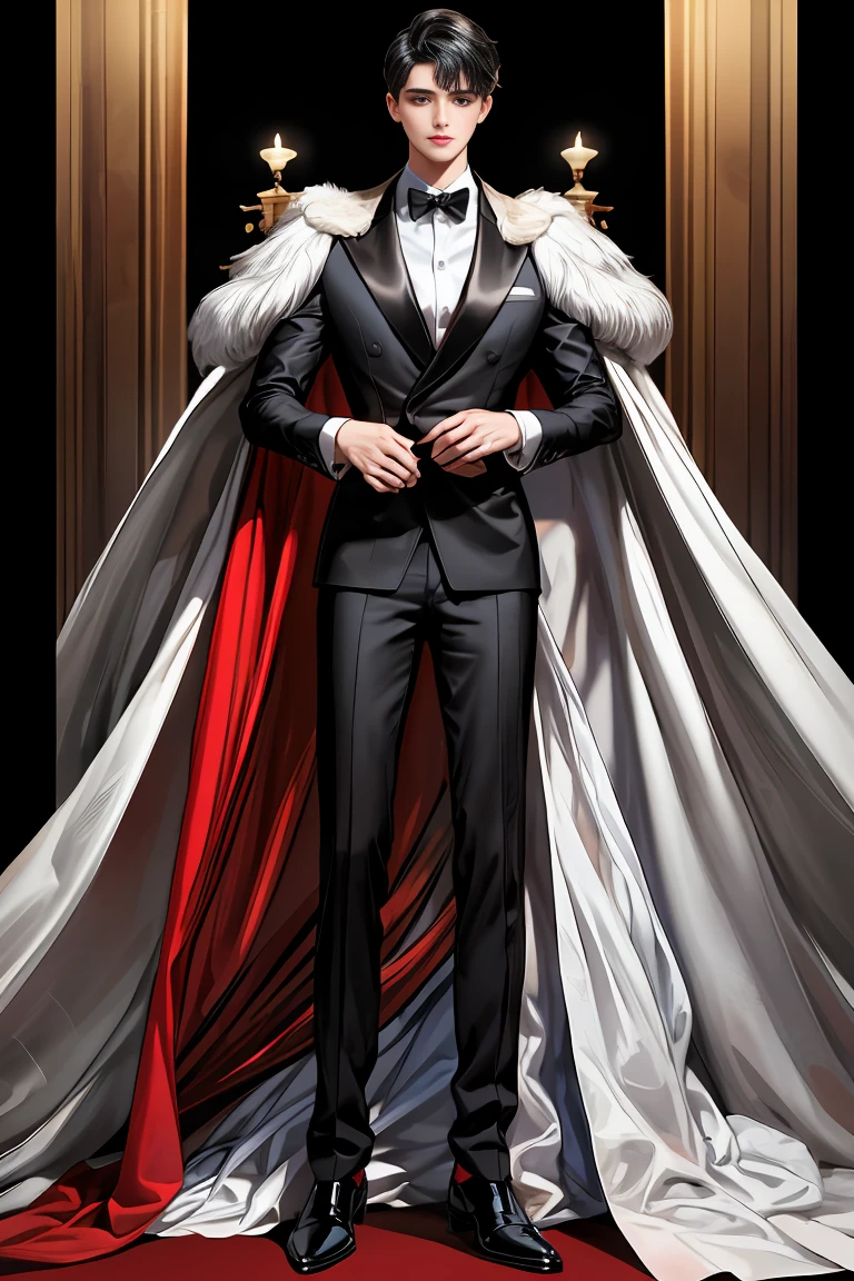 
masterpiece, 最high quality, high quality, 1 boy, alone, Male focus, Watching the audience,  Messy black hair, Adorable big blue eyes, White, Noble, Noble,A sexy, voluminous, puffy cape、tuxedo、A very voluminous, large, very large, very large, long, long red and black cape with a high stand-up collar, made of a lot of fabric that reaches down to the floor., ,Cute beautiful boys,Cute, cute, kind, handsome guy