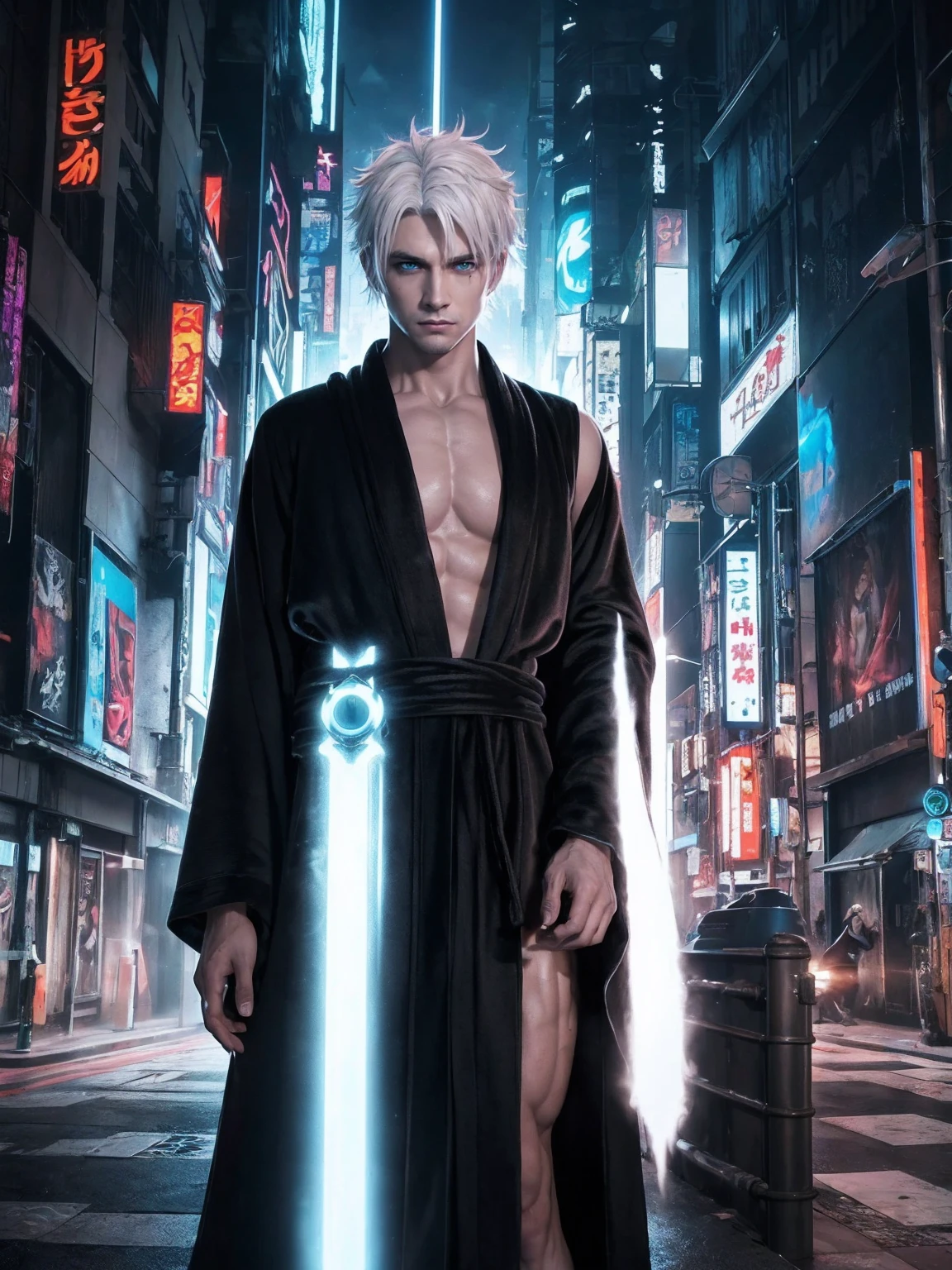 Cyberpunk male，fansty world，tokyo background，Clean design，Epic Instagram，art  stations，Colorful paint splashes，contours，Hyper-detailed intricate details，unreal-engine，（Futuristic fantasy：1.3），（holographic projections：1.2），（cyber punk style：1.3），Complicated details，splash image，complementary colours，fantasy concept art，8K resolution，A masterpiece of deviantart，oil painted，Heavy strokes，paint drips，（Isolate on a white background：1.3），Rainbow skins，(((A handsome young))), (glow blue eyes), ((Eyes have light))，((((Short gray hair:1.1))), ((black-clad)), (prince\\(Indifferent expression\\),, (((Wearing a luxurious black robe with high details))), A head of white hair，(chest muscle) --at 6