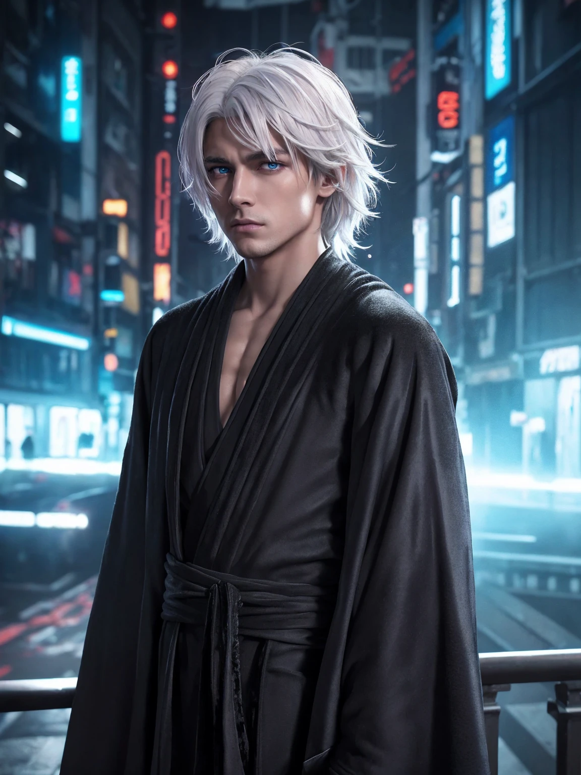 Cyberpunk male,fansty world,tokyo background,Clean design,Epic Instagram,art stations,Colorful paint splashes,contours,Hyper-detailed intricate details,unreal-engine,(Futuristic fantasy:1.3),(holographic projections:1.2),(cyber punk style:1.3),Complicated details,splash image,complementary colours,fantasy concept art,8K resolution,A masterpiece of deviantart,oil painted,Heavy strokes,paint drips,(Isolate on a white background:1.3),Rainbow skins,(((A handsome young))), (glow blue eyes), ((Eyes have light)),((((Short gray hair:1.1))), ((black-clad)), (prince\\(Indifferent expression\\),, (((Wearing a luxurious black robe with high details))), A head of white hair,(chest muscle) --at 6