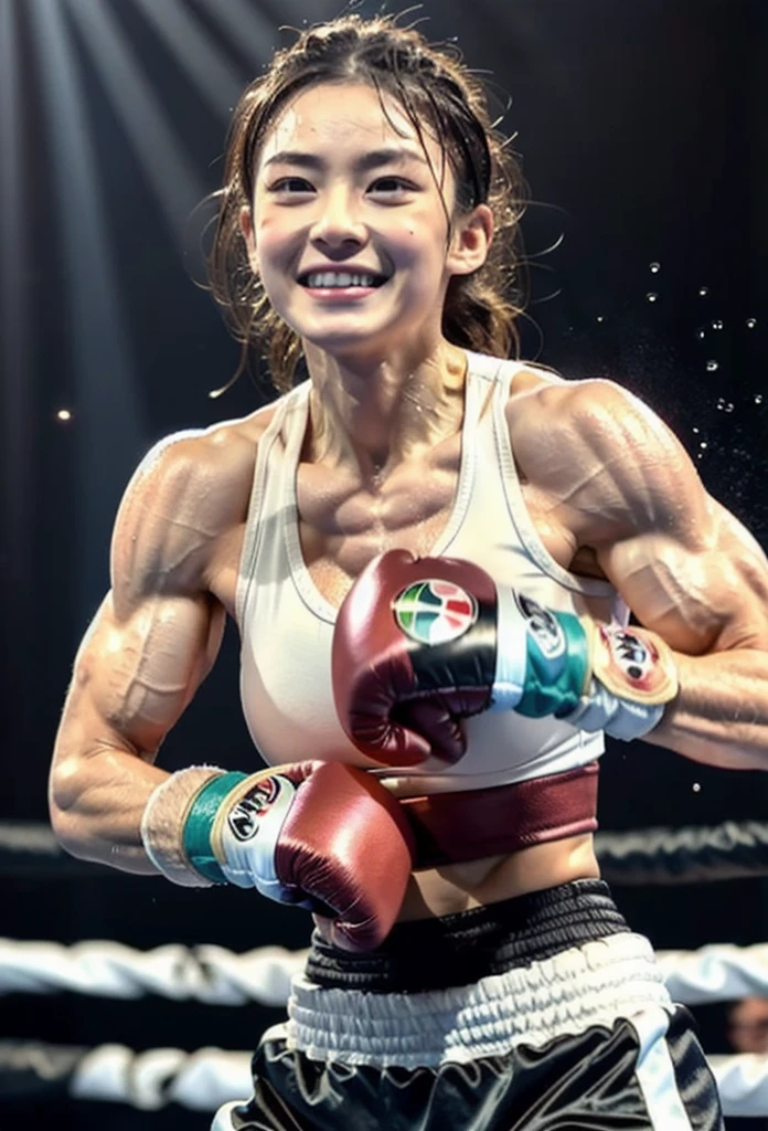 (Highest quality, 4K, masterpiece :1.3), Beautiful woman, Japanese,Japanese idoi,Nogizaka,smile,1 girl, (Large Breasts:1.4, Tight waist:1.2), Abdominal muscles:1.0, Light brown hair: 1.1, (Wet from Sweat, Wet :1.2), Highly detailed face, Detailed lips, Delicate eyes, double eyelid (Boxing Girl) , (Aggressive punches), (Wear boxing gloves) , Sweat, Heavy breathing, (Suppressive attacks) , (Boxing Ring), Athletic Shorts, Perfect detail, Perfect Fingers, Perfect limbs, Impact, (Glowing Skin) , White shirt, Nipple mark, Boxing Shorts, Fistfight, K Integration, Perfect body with realistic shading, Photorealistic perfect body, はっきりとしたAbdominal muscles,Muscular and slim body,Muscular and toned lower body,Muscular Beauty,bodybuilder,Abdominal musclesを見せる,abs
