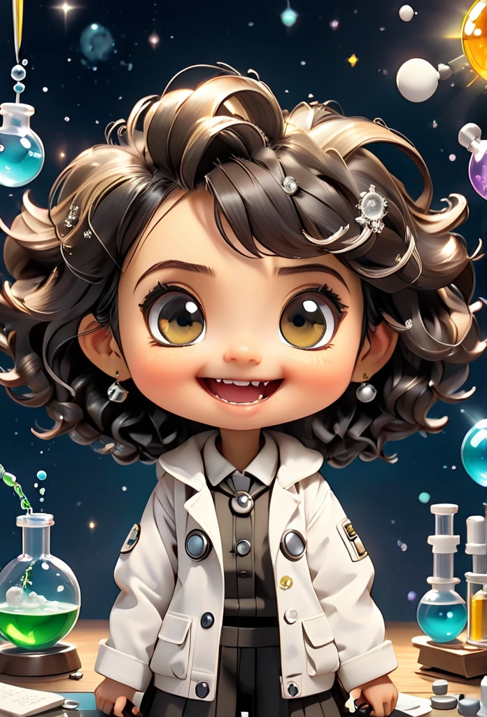 (((Chibi Baby UHD)))Chemistry permaneça com suas carateristícas originais (seus olhos sao cor de mel ) (chibi nao usa brincos)MASCOT and , atoms, Molecules ,Has black hair , Blind box style and model with popular market style, The sunlight shines, , hyper qualit, sharp features, Ultra HD and 8K resolution,Cool Hand Drawn Illustration,fly away (Inside out disgusting), Create a series of best quality cute chibi dolls,ultra details,realisitic,Science Laboratory,Chemical experiment,ultra HD, chemical equipment,scientists working,cups,UHD Bunsen Burner ,Microscope,laboratory glassware,measuring cylinders,labcoats,Round nerd glasses ,science books,Periodic table,scientific research,discoveries,new inventions,innovation,aprendizagem,education,Scientific culture wears coat with details of buttons and brooches , her coat is charming and cute with ultra chemical details ,Curiosidade,Technological advancements,swirly vibrant colors,soft lighting,modern laboratory,nerdy atmosphere,laboratory instruments,hypothesis testing,Scientific method,symbolic representation,Critical thinking,experiments ,precision,precision,Intricate details,impressive scientific setup,natural elements,exploration of the mysteries of science,unlocking the secrets of nature. Baby chibi is happy and excited, remember to use chemical laboratory glassware, The chalkboard behind the cute chibi baby is written the structure of caffeine in white chalk 18K UHDBlack hair, very long hair, American propaganda poster, shine light, 3D rendering, Riso,