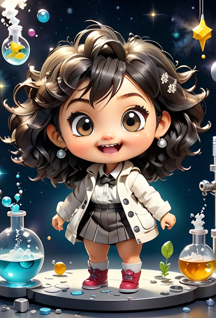 (((Chibi Baby UHD)))Chemistry permaneça com suas carateristícas originais (seus olhos sao cor de mel ) (chibi nao usa brincos)MASCOT and , atoms, Molecules ,Has black hair , Blind box style and model with popular market style, The sunlight shines, , hyper qualit, sharp features, Ultra HD and 8K resolution,Cool Hand Drawn Illustration,fly away (Inside out disgusting), Create a series of best quality cute chibi dolls,ultra details,realisitic,Science Laboratory,Chemical experiment,ultra HD, chemical equipment,scientists working,cups,UHD Bunsen Burner ,Microscope,laboratory glassware,measuring cylinders,labcoats,Round nerd glasses ,science books,Periodic table,scientific research,discoveries,new inventions,innovation,aprendizagem,education,Scientific culture wears coat with details of buttons and brooches , her coat is charming and cute with ultra chemical details ,Curiosidade,Technological advancements,swirly vibrant colors,soft lighting,modern laboratory,nerdy atmosphere,laboratory instruments,hypothesis testing,Scientific method,symbolic representation,Critical thinking,experiments ,precision,precision,Intricate details,impressive scientific setup,natural elements,exploration of the mysteries of science,unlocking the secrets of nature. Baby chibi is happy and excited, remember to use chemical laboratory glassware, The chalkboard behind the cute chibi baby is written the structure of caffeine in white chalk 18K UHDBlack hair, very long hair, American propaganda poster, shine light, 3D rendering, Riso,