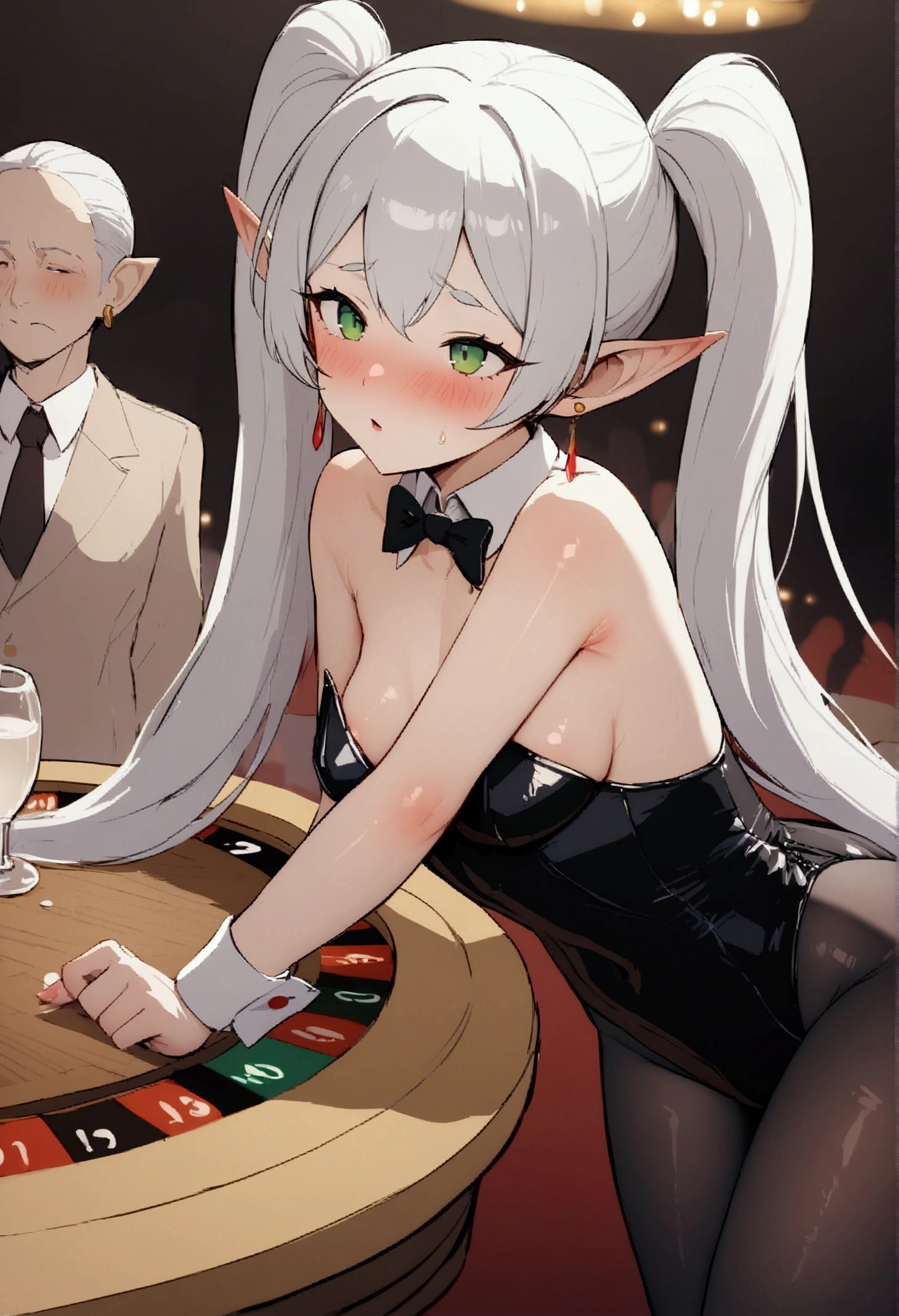 NSFW,masterpiece,Highest quality,High resolution,Very detailed,Frielen\(葬送のFrielen\),Pointed Ears,Green Eyes,Twin tails,very long hair of white color,, Earrings,Playboy Bunny,Black Pantyhose,casino,blush,sake,Serve customers,A large number of people,Being spanked,Leaning forward,From the side