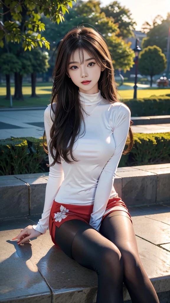 ulzzang-6500-v1.1, (RAW photo: 1.2), (Real photo), (Real photo: 1.4), 1 girl、Perfect anatomy、20 years old、Looking at the camera、Medium length hair、Red T-shirt, dress, Hand holding a bouquet of bright fresh flowers, ((in the park at sunset: 1.1))、(Hyperrealistic tights: 1.2), (Business service)、Asian eyes Ella,