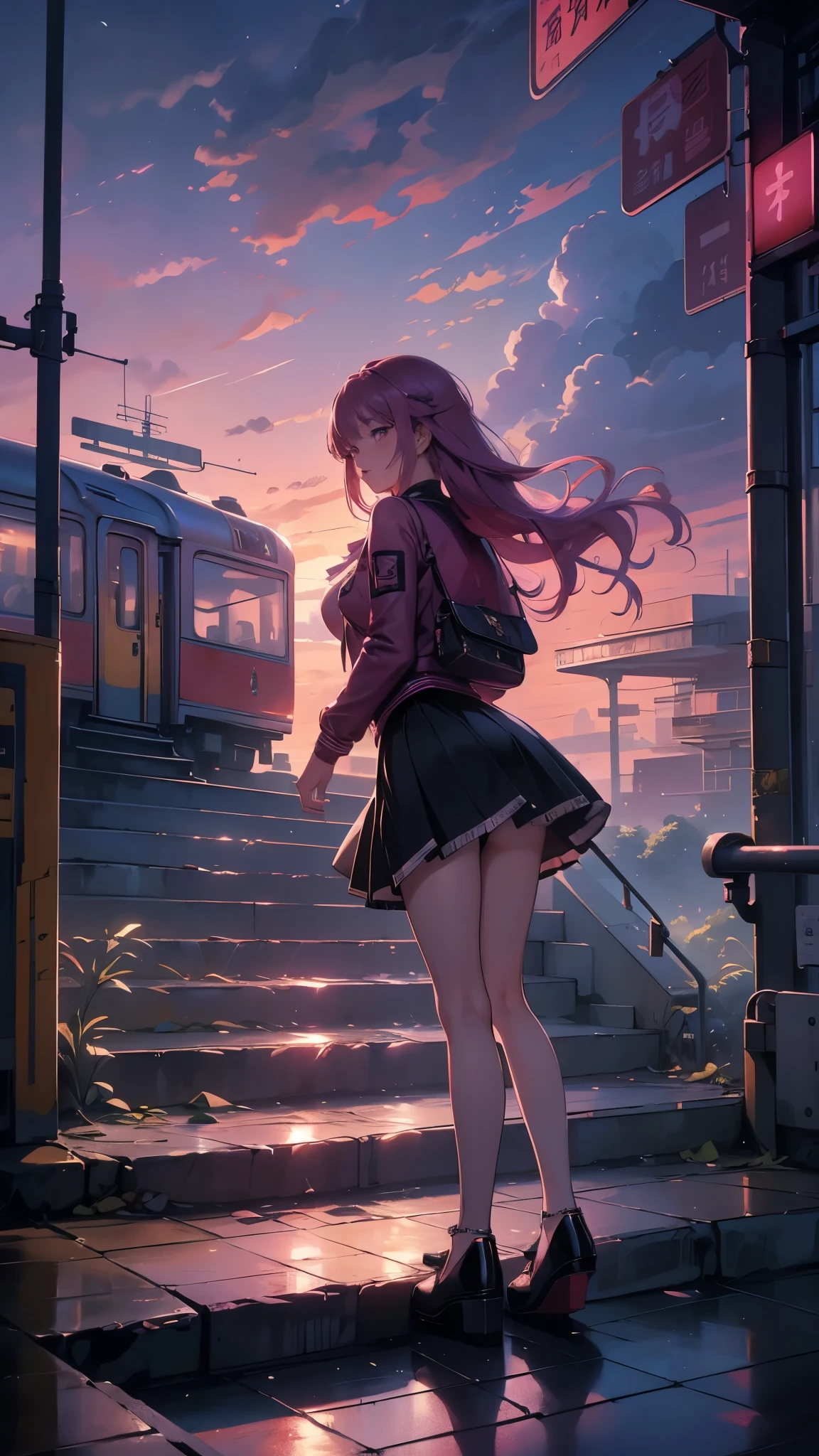 magenta tint、8k,Vibrant colors、((tmasterpiece)))、(((quality)))、((ultra - detailed))、(surreal)、(Very detailed CG illustration)、offcial art、CD cover、It will be、midsummer、The glorious 1980s、1个Giant Breast Girl,Cool beauty、cochetti gorgeous、incomparable beauty、Hair color、Rock music、leather jacket、Superskirt、butt lift,Student shoes,perfect angle、Perfectcomposition、(evening,train station stairs,trains,Cloud),