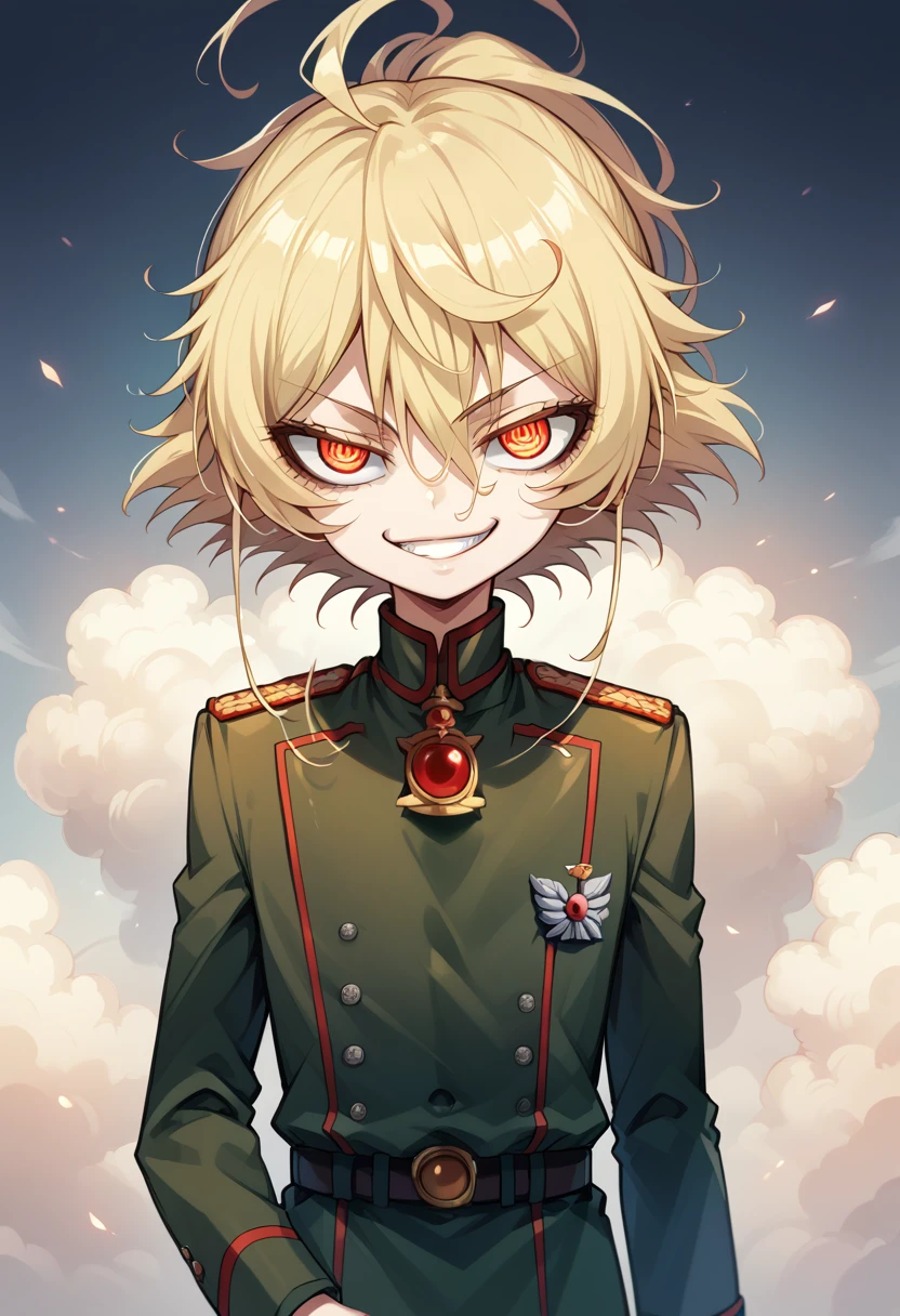 Degurechaff asked, military uniform, evil smile, short stature, killer eyes