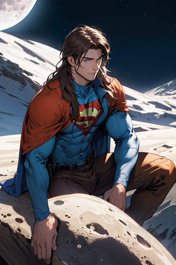 A young man with long brown hair, blue eyes, sitting on the moon looking at the Earth, superhero costume, cowboy shot